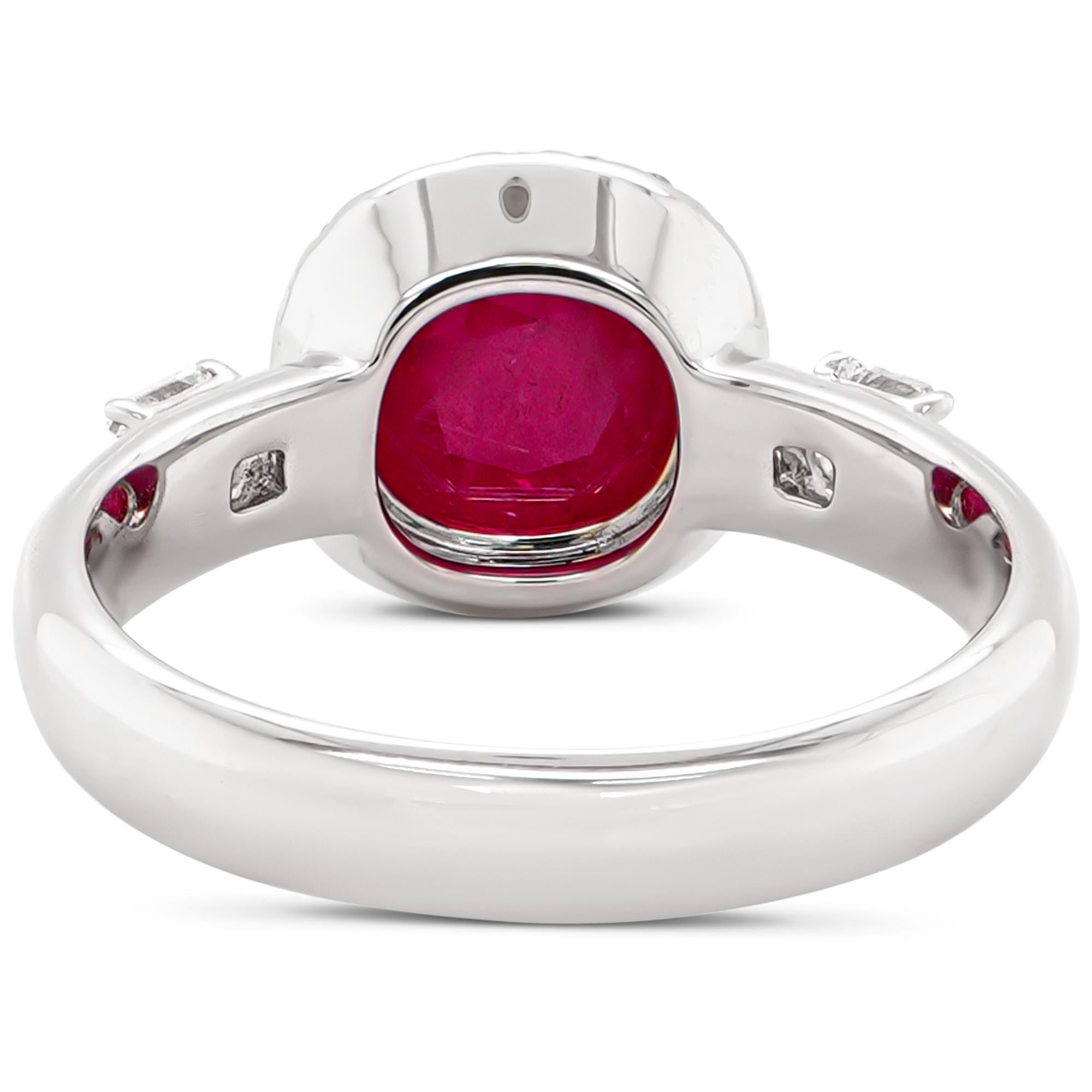 Art Nouveau Crimson Red Ruby Accented With 0.40 Carat White Diamond Pointy Ring For Sale