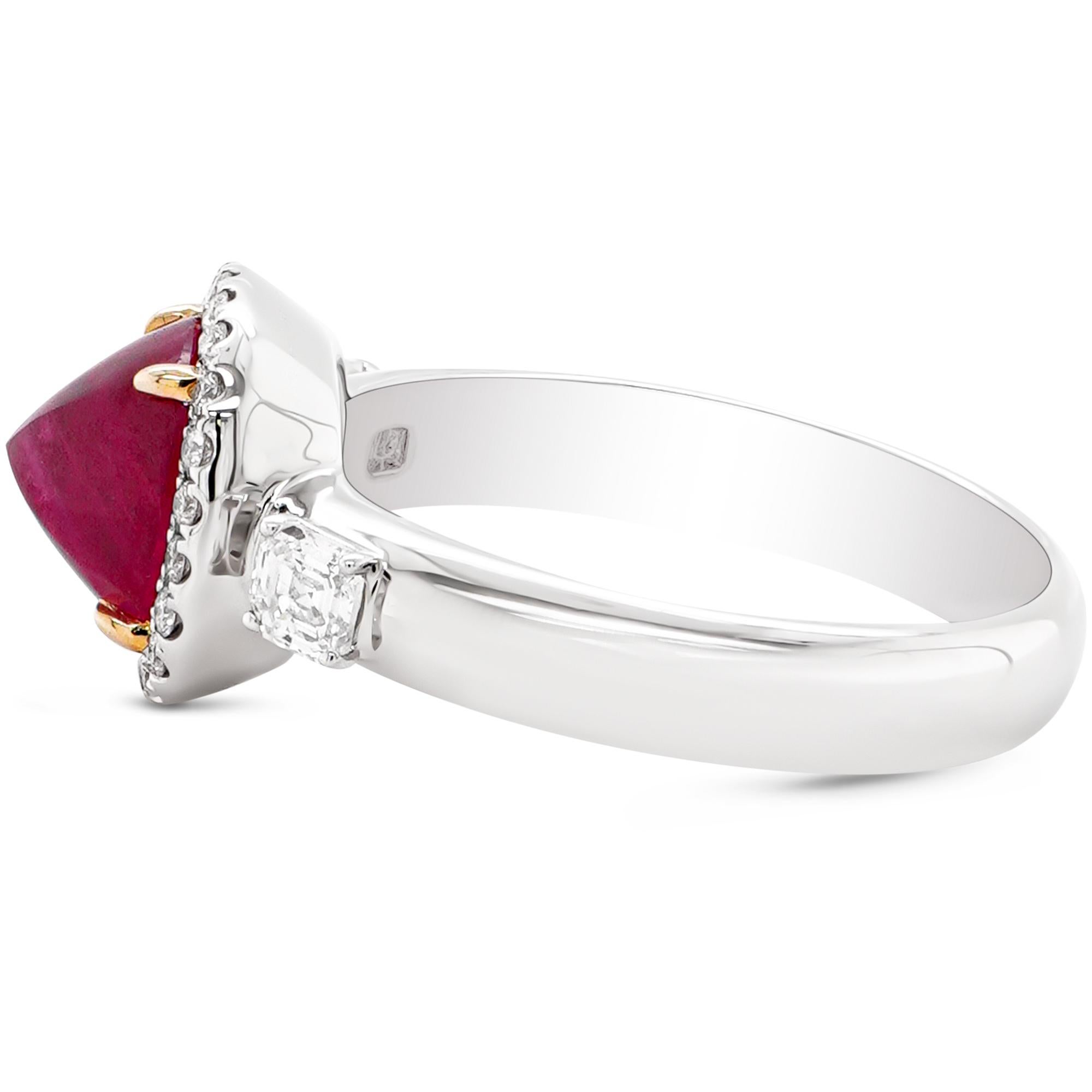 Round Cut Crimson Red Ruby Accented With 0.40 Carat White Diamond Pointy Ring For Sale