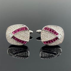 Crimson Red Ruby and Diamond Pavé Cufflinks in 18K White Gold