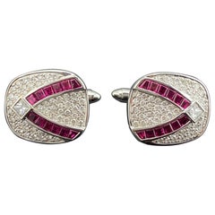 Crimson Red Ruby and Diamond Pavé Cufflinks in 18K White Gold