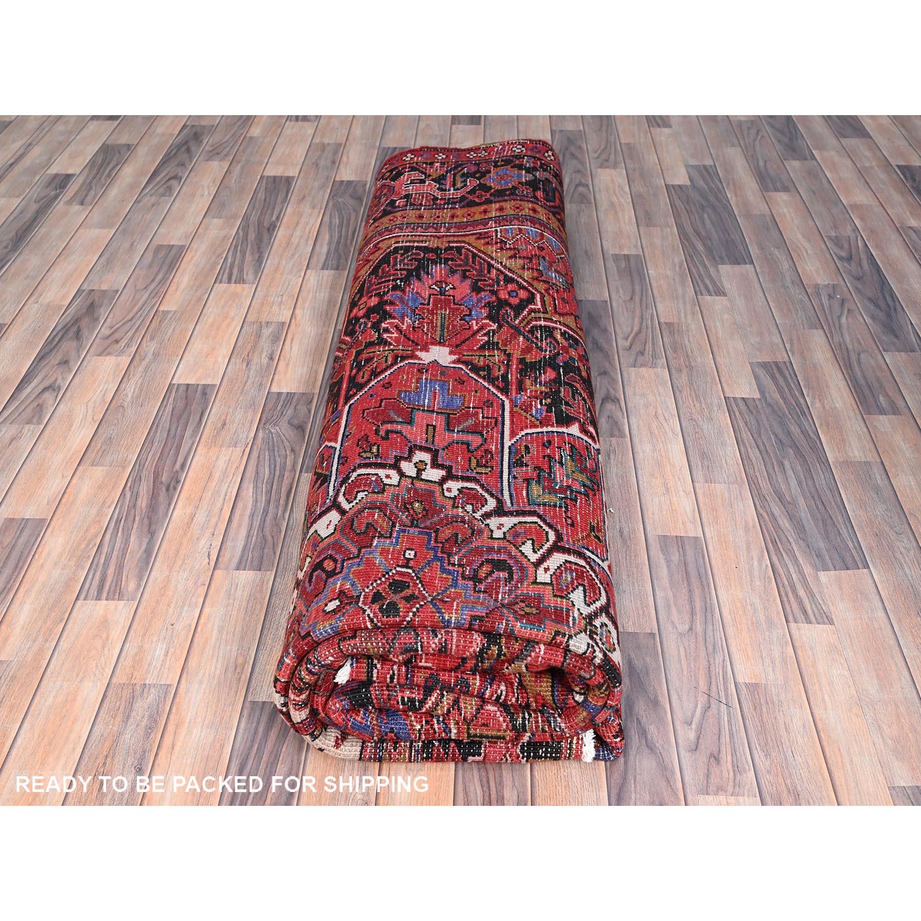 Crimson Red Vintage Persian Heriz Abrash Hand Knotted Evenly Worn Pure Wool Rug For Sale 4