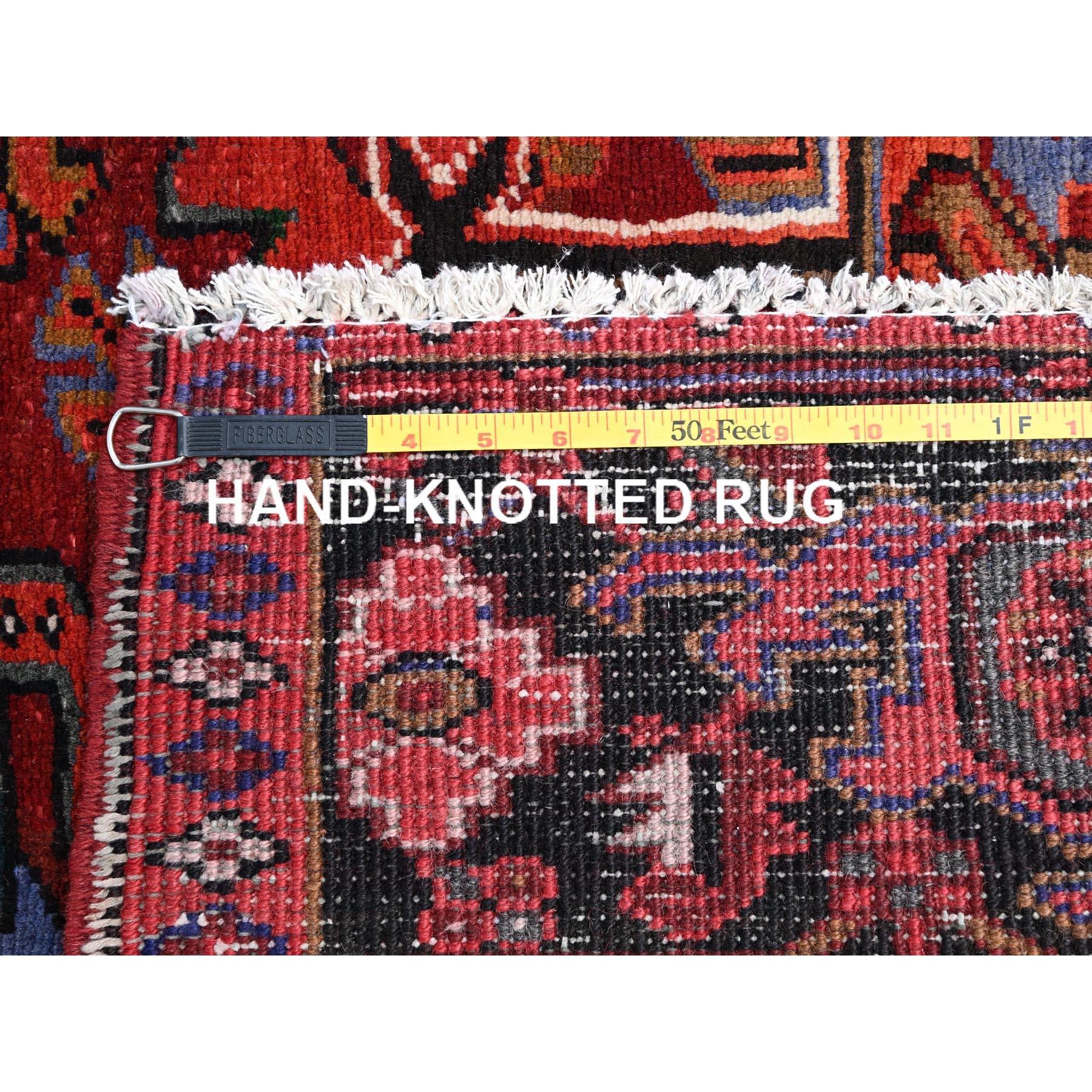 Crimson Red Vintage Persian Heriz Abrash Hand Knotted Evenly Worn Pure Wool Rug For Sale 6