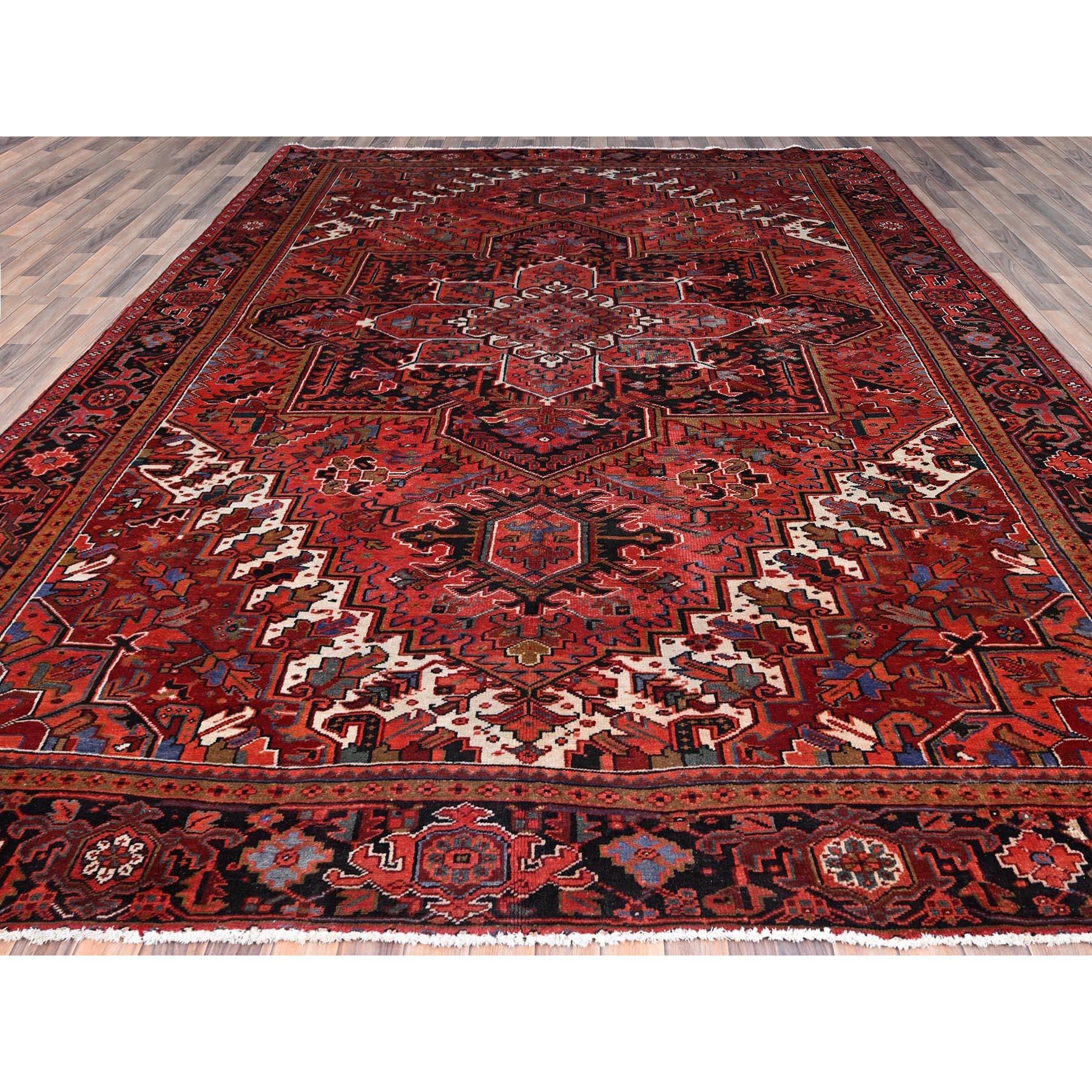 Medieval Crimson Red Vintage Persian Heriz Abrash Hand Knotted Evenly Worn Pure Wool Rug For Sale