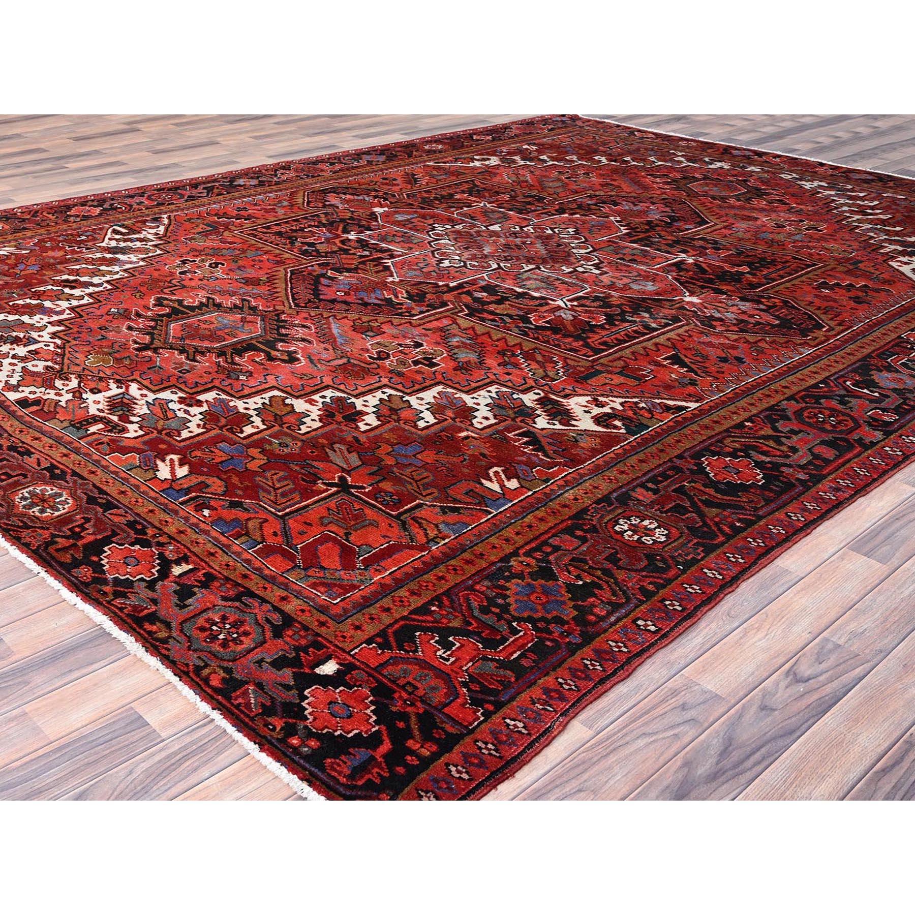 Hand-Knotted Crimson Red Vintage Persian Heriz Abrash Hand Knotted Evenly Worn Pure Wool Rug For Sale