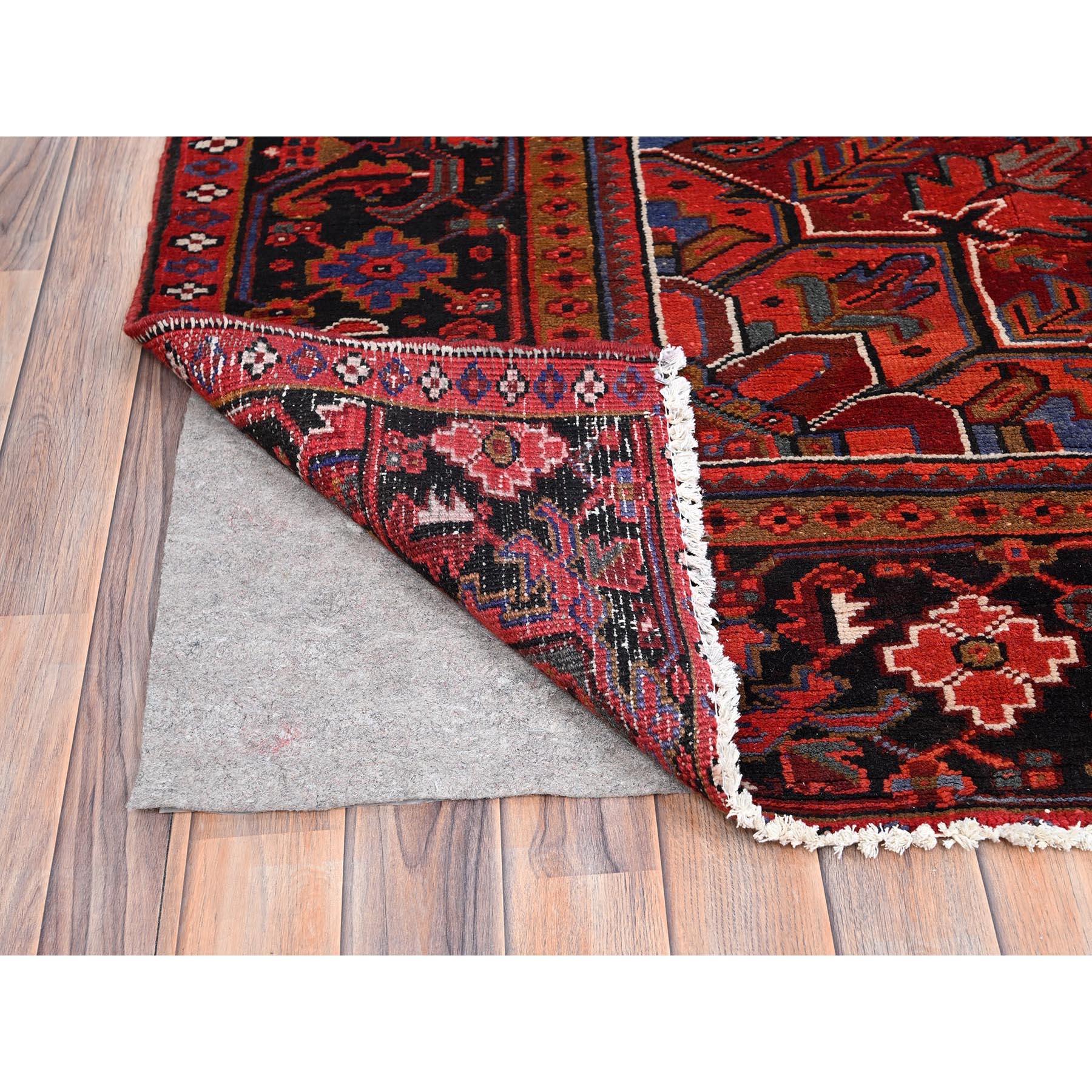 Crimson Red Vintage Persian Heriz Abrash Hand Knotted Evenly Worn Pure Wool Rug In Good Condition For Sale In Carlstadt, NJ