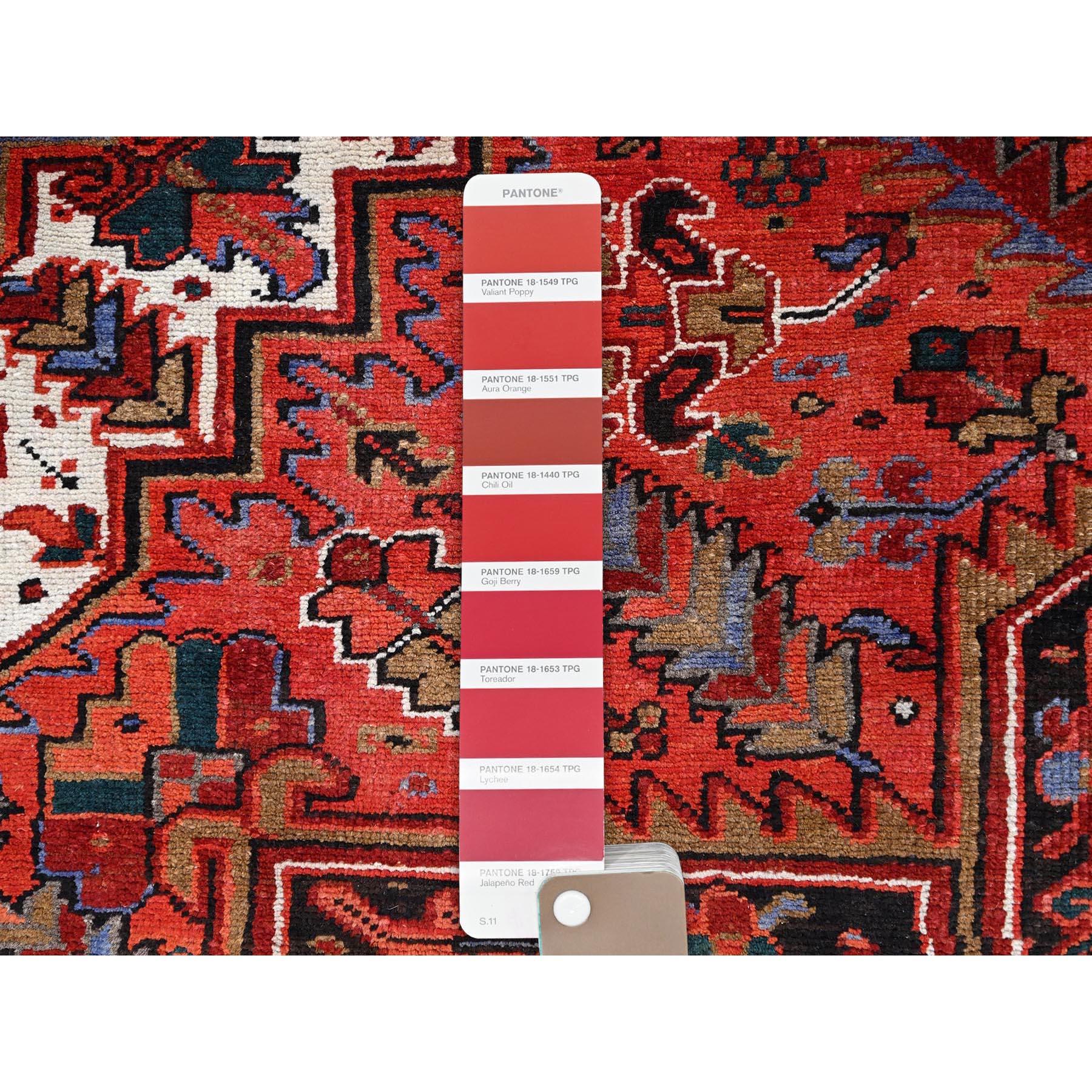Crimson Red Vintage Persian Heriz Abrash Hand Knotted Evenly Worn Pure Wool Rug For Sale 2
