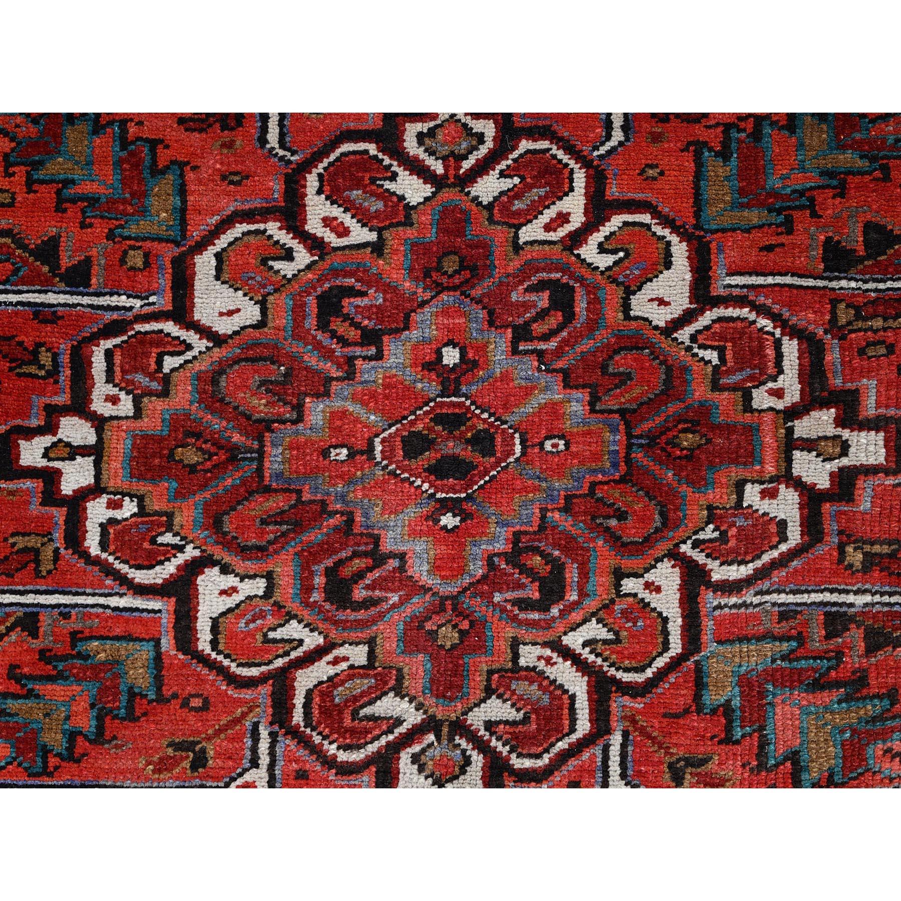 Crimson Red Vintage Persian Heriz Abrash Hand Knotted Evenly Worn Pure Wool Rug For Sale 3