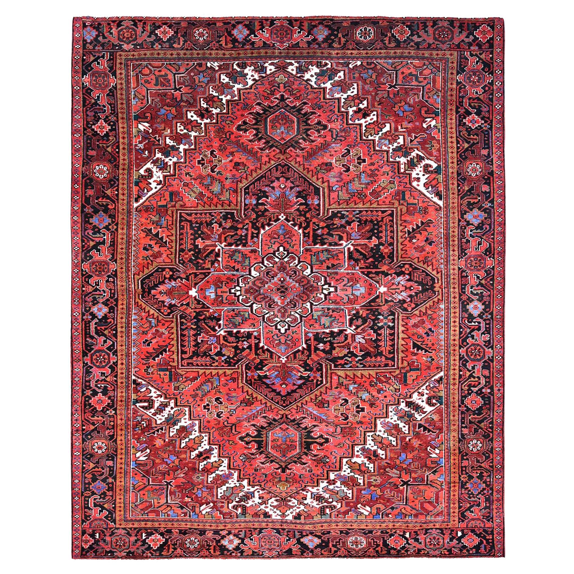 Crimson Red Vintage Persian Heriz Abrash Hand Knotted Evenly Worn Pure Wool Rug For Sale