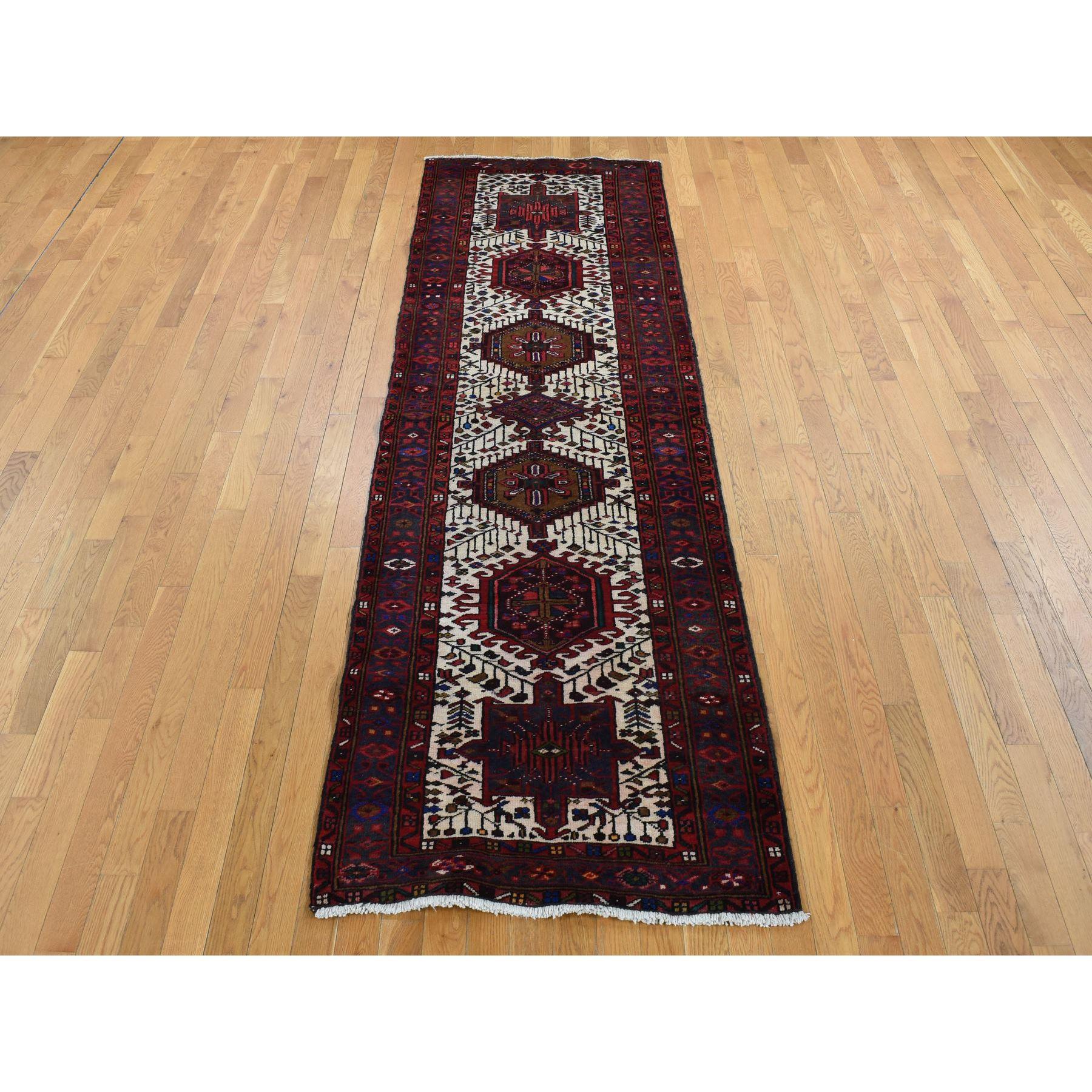 Medieval Crimson Red Vintage Persian Karajeh Pure Wool Hand Knotted Runner Oriental Rug For Sale