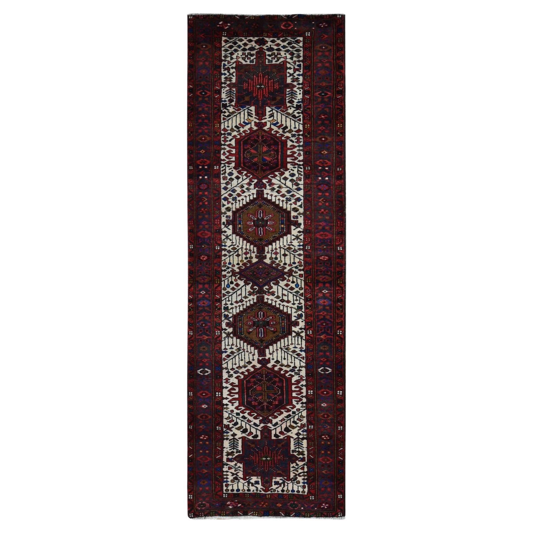 Crimson Red Vintage Persian Karajeh Pure Wool Hand Knotted Runner Oriental Rug For Sale