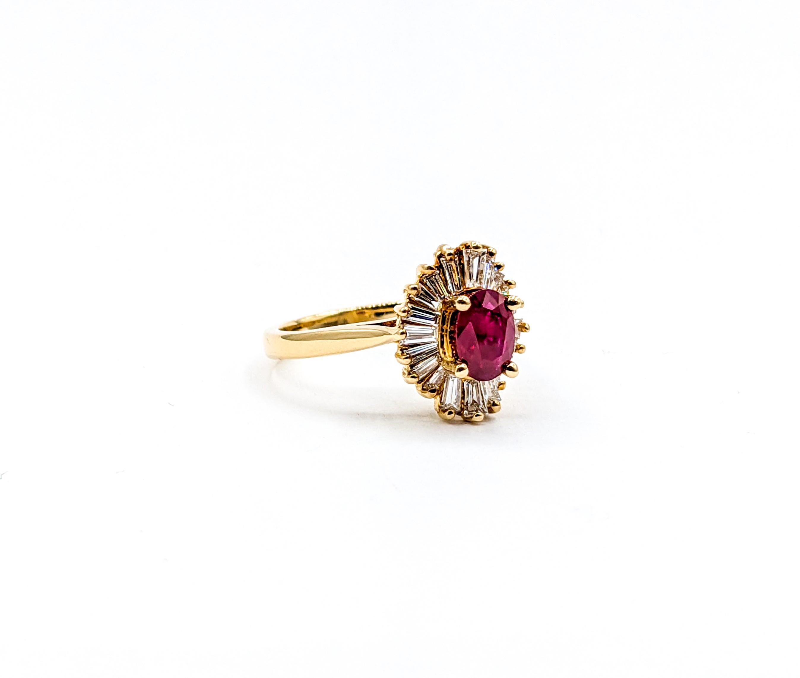 Crimson Ruby & Baguette Diamond Ballerina Ring

This exquisite 14K yellow gold ring is adorned with a captivating array of 1.25ctw tapered baguette diamonds, delicately arranged to create a mesmerizing and dynamic halo around the center ruby. The