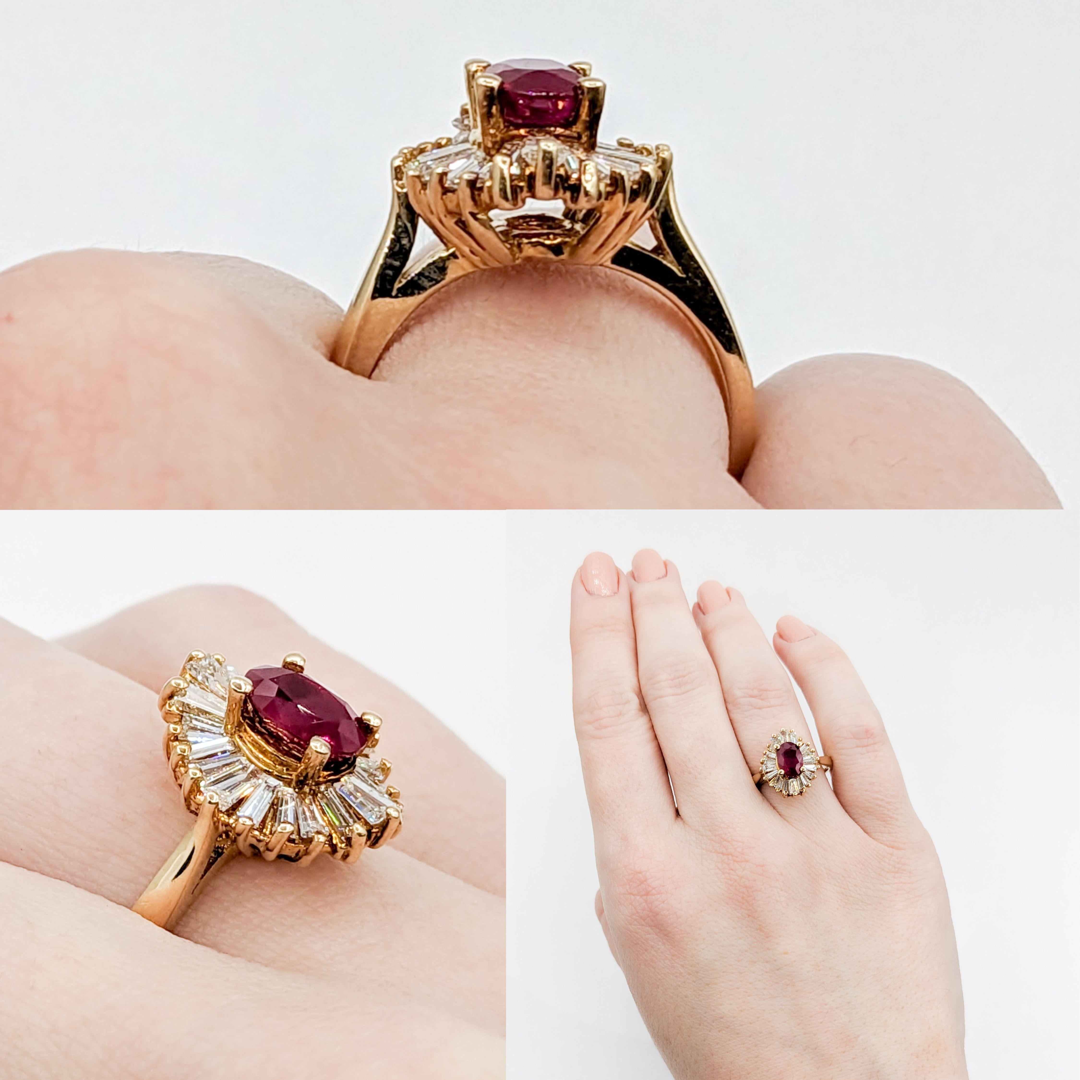 Contemporary Crimson Ruby & Baguette Diamond Ballerina Ring For Sale