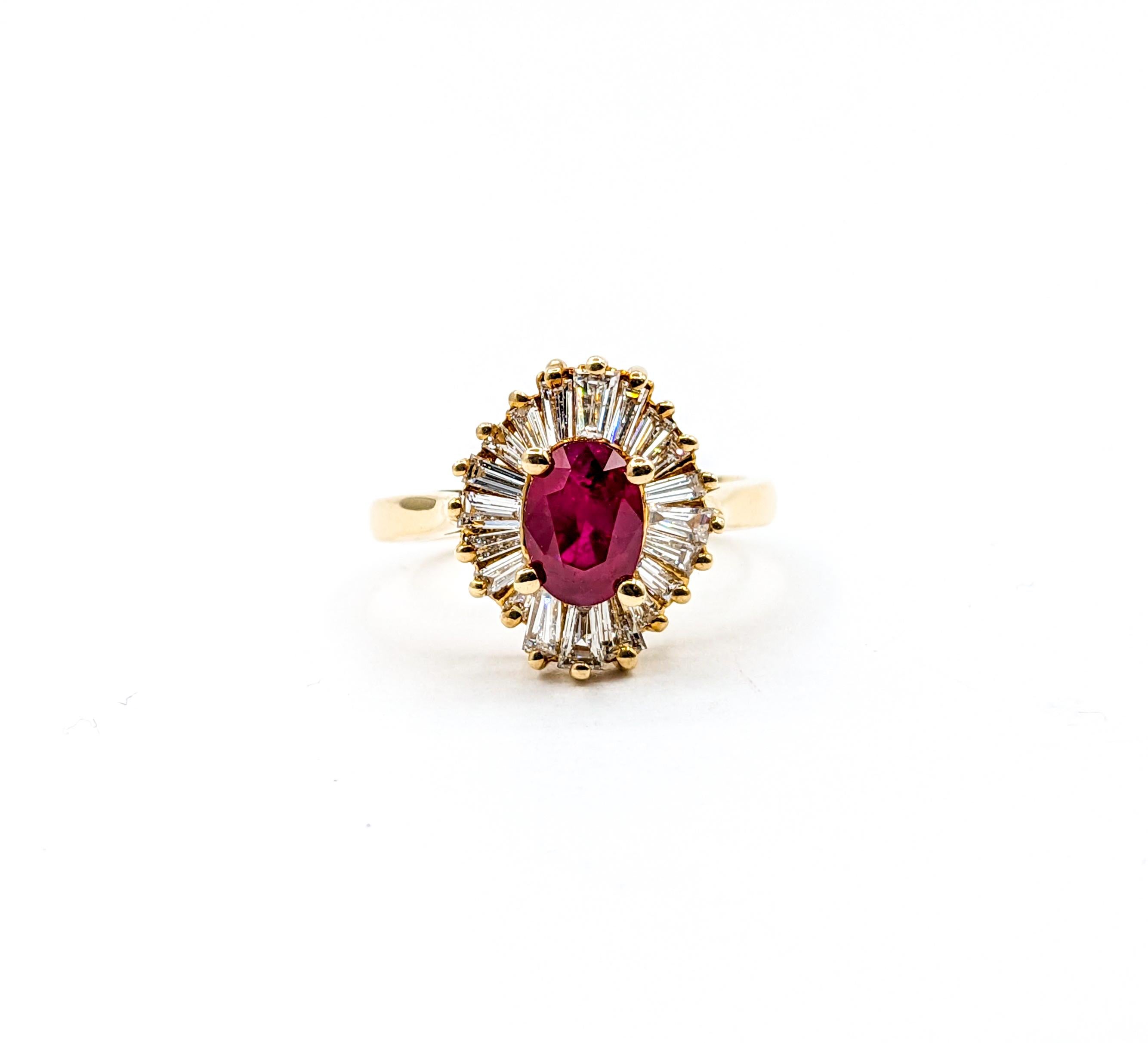 Crimson Ruby & Baguette Diamond Ballerina Ring In Excellent Condition For Sale In Bloomington, MN
