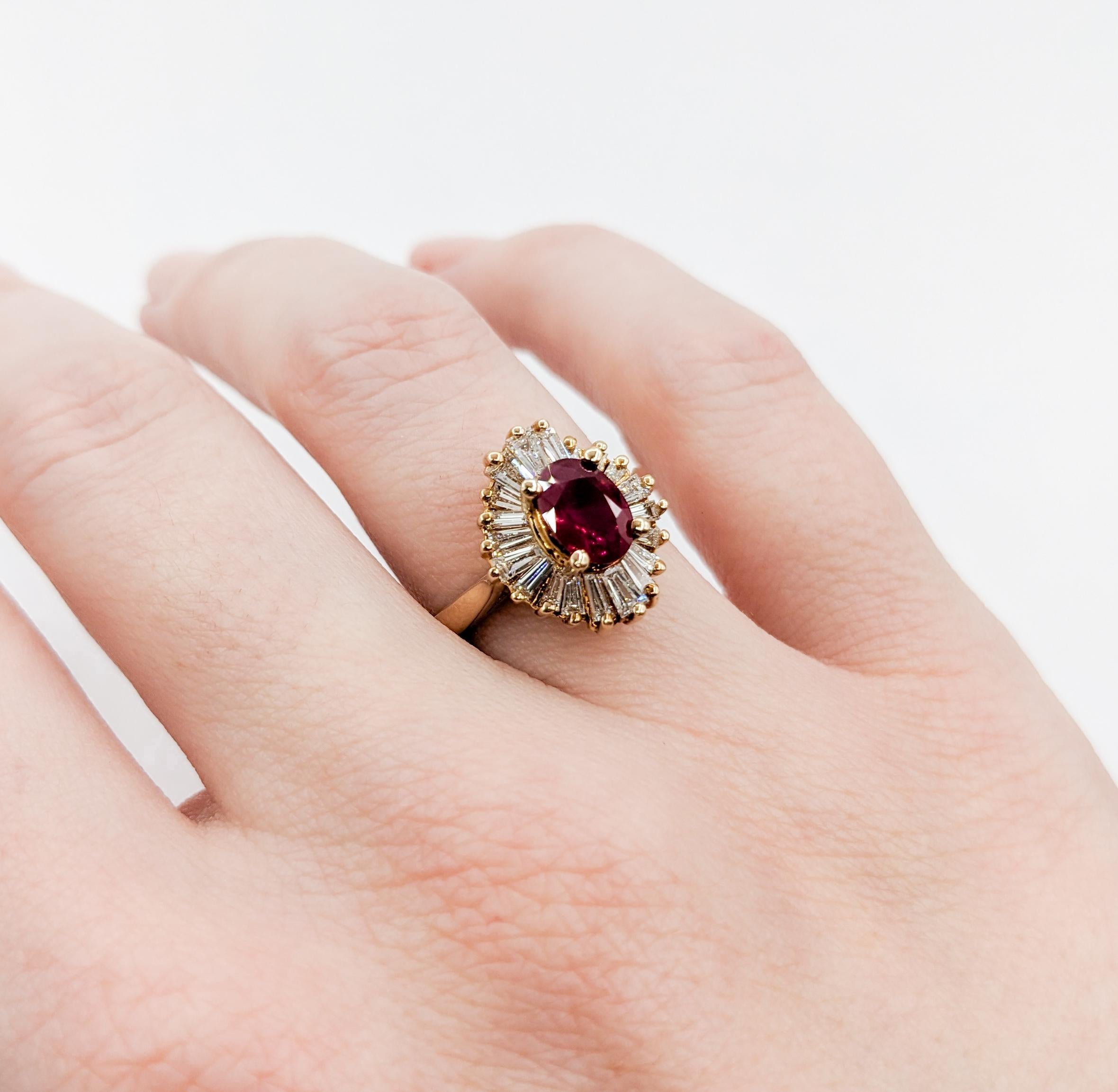 Women's Crimson Ruby & Baguette Diamond Ballerina Ring For Sale