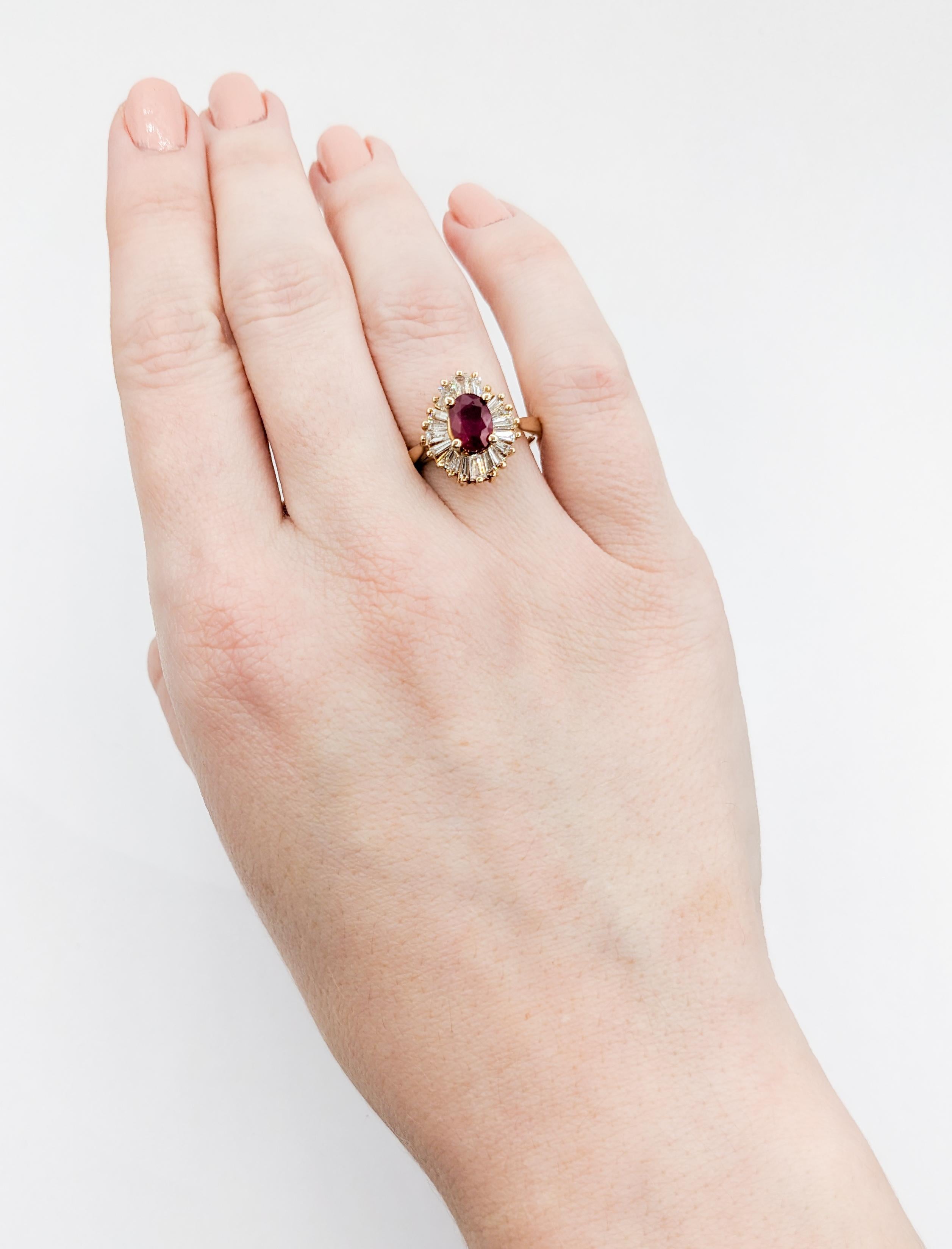 Crimson Ruby & Baguette Diamond Ballerina Ring For Sale 1