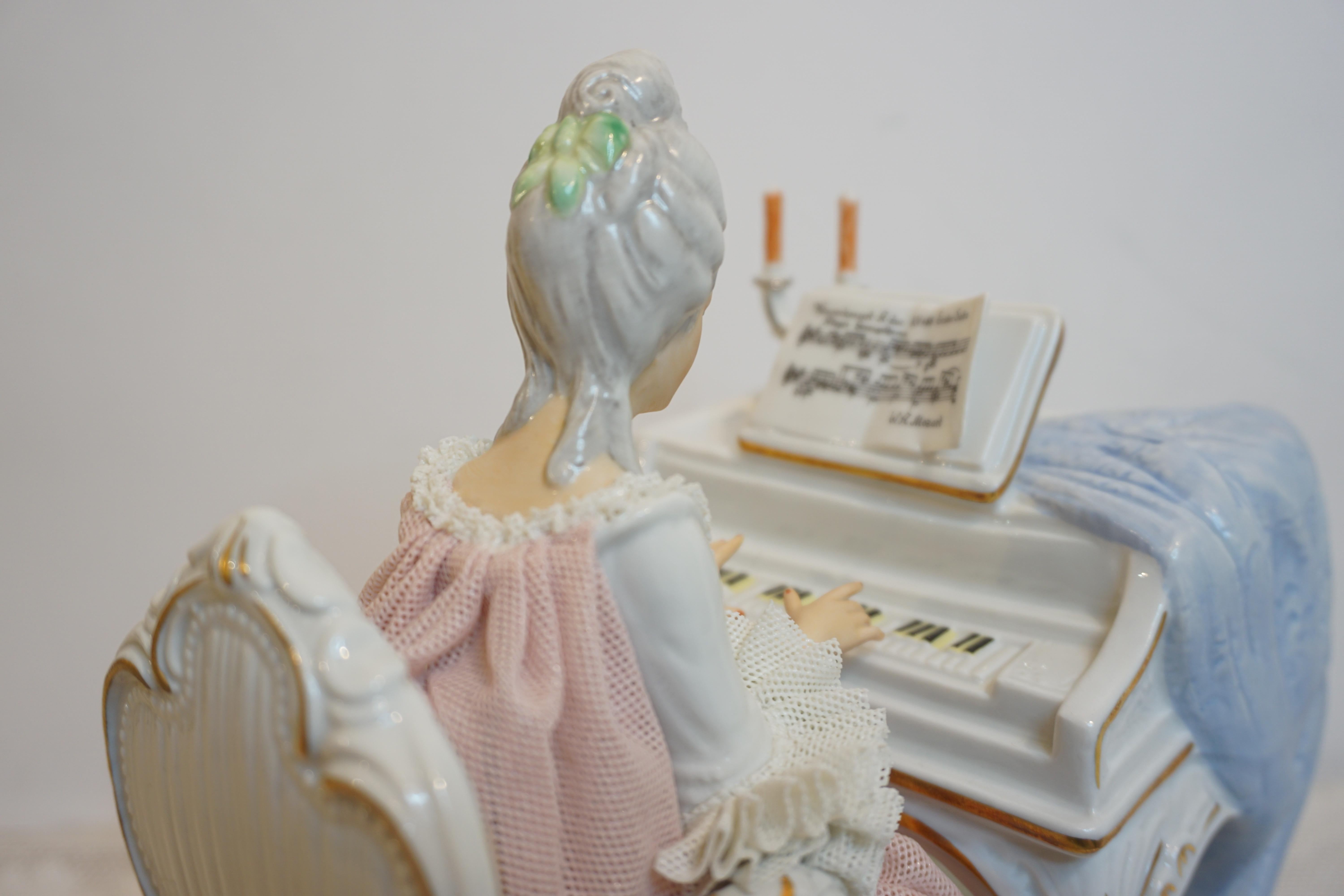 Rococo Crinoline Lace Helena Wolfson Dresden Figurine Playing Piano by Candlelight For Sale