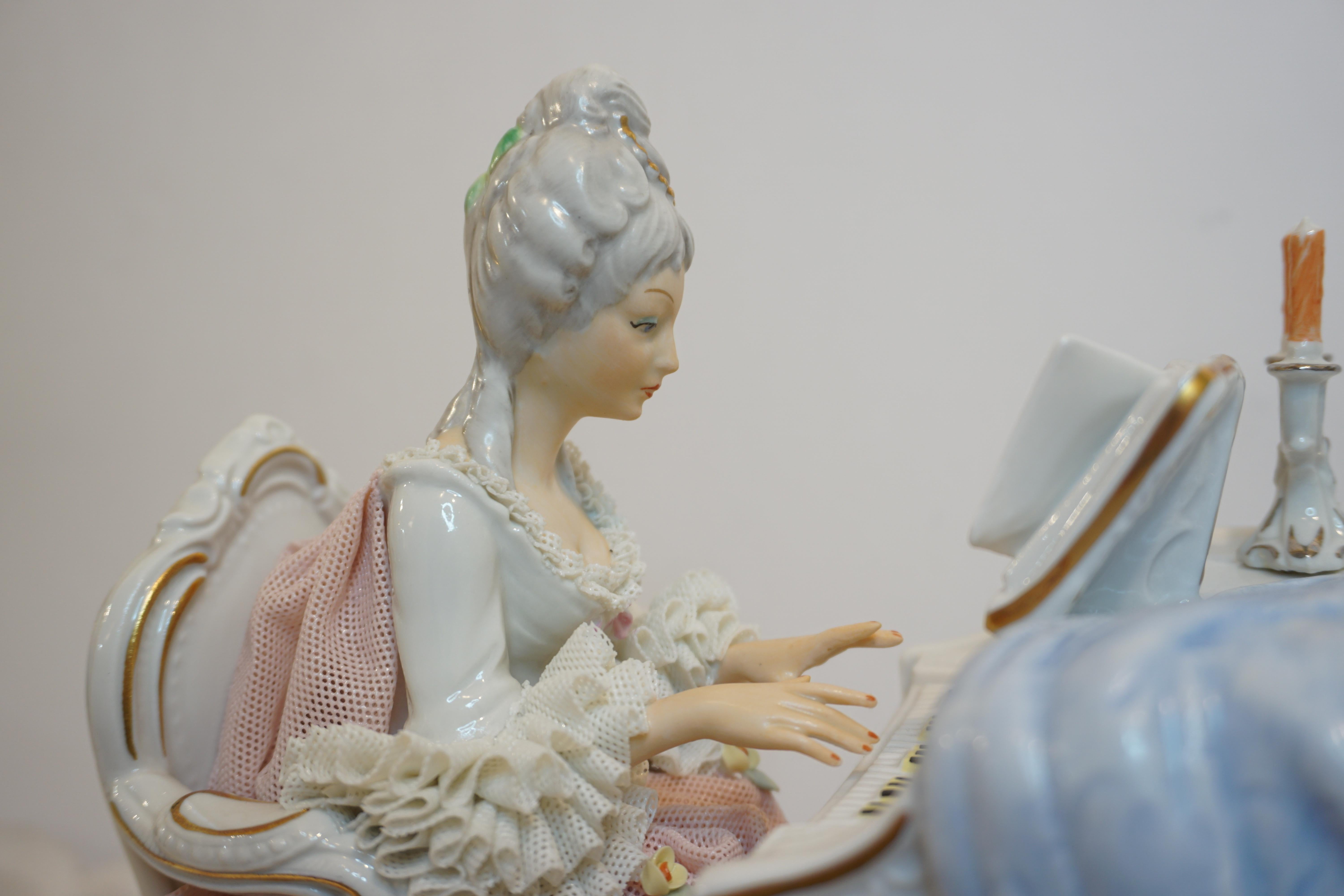 German Crinoline Lace Helena Wolfson Dresden Figurine Playing Piano by Candlelight For Sale