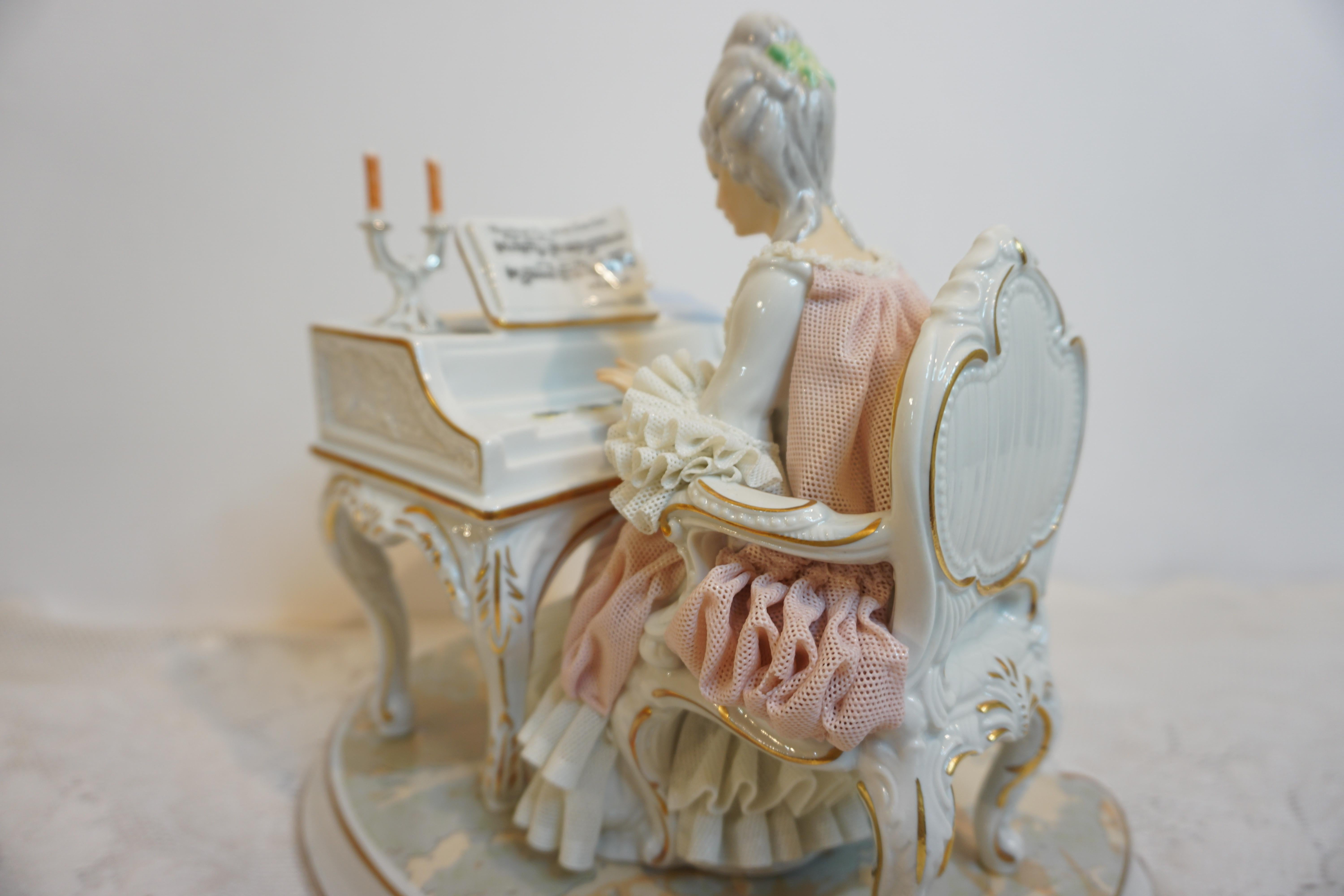 Late 19th Century Crinoline Lace Helena Wolfson Dresden Figurine Playing Piano by Candlelight For Sale