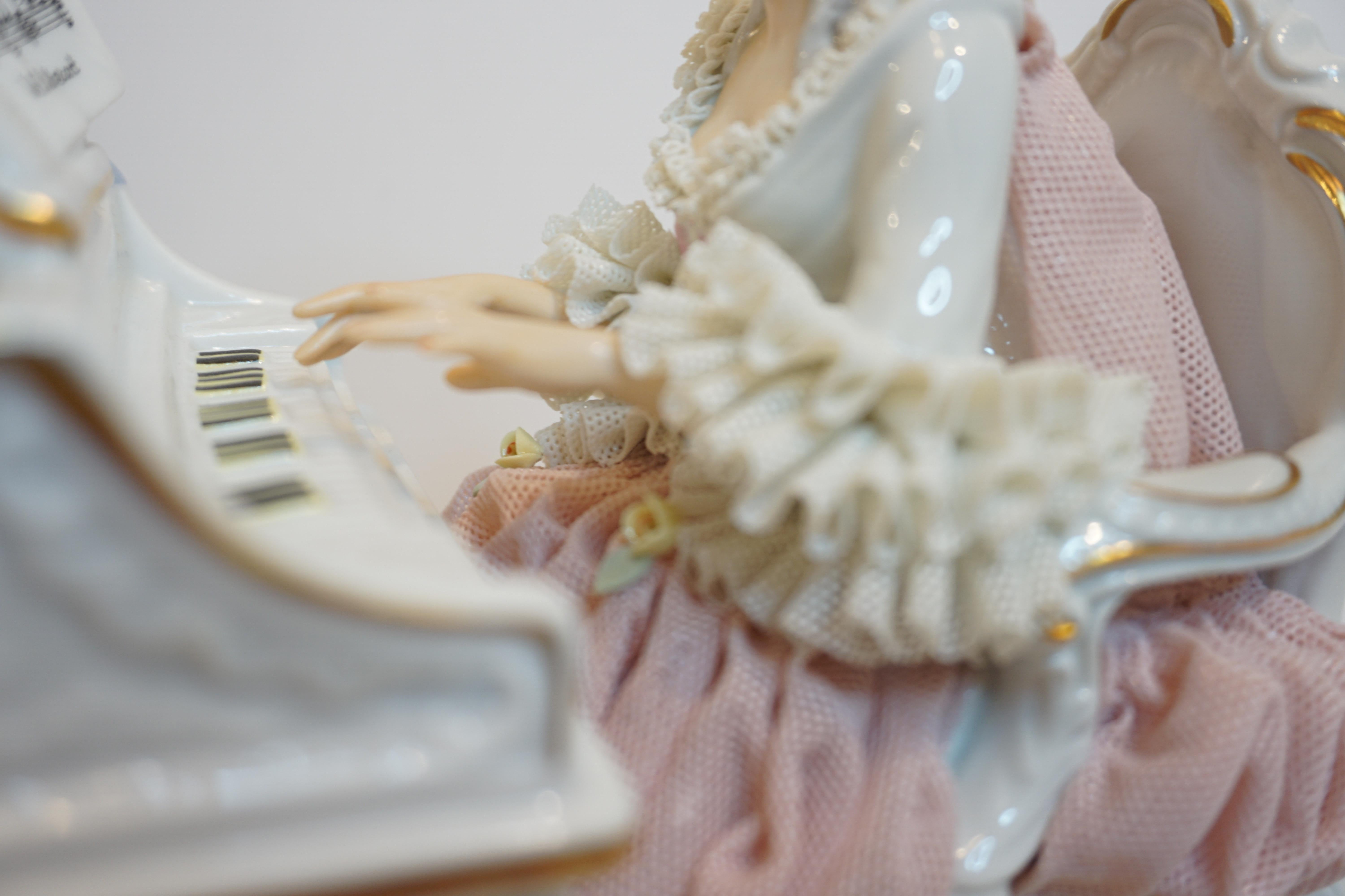 Porcelain Crinoline Lace Helena Wolfson Dresden Figurine Playing Piano by Candlelight For Sale