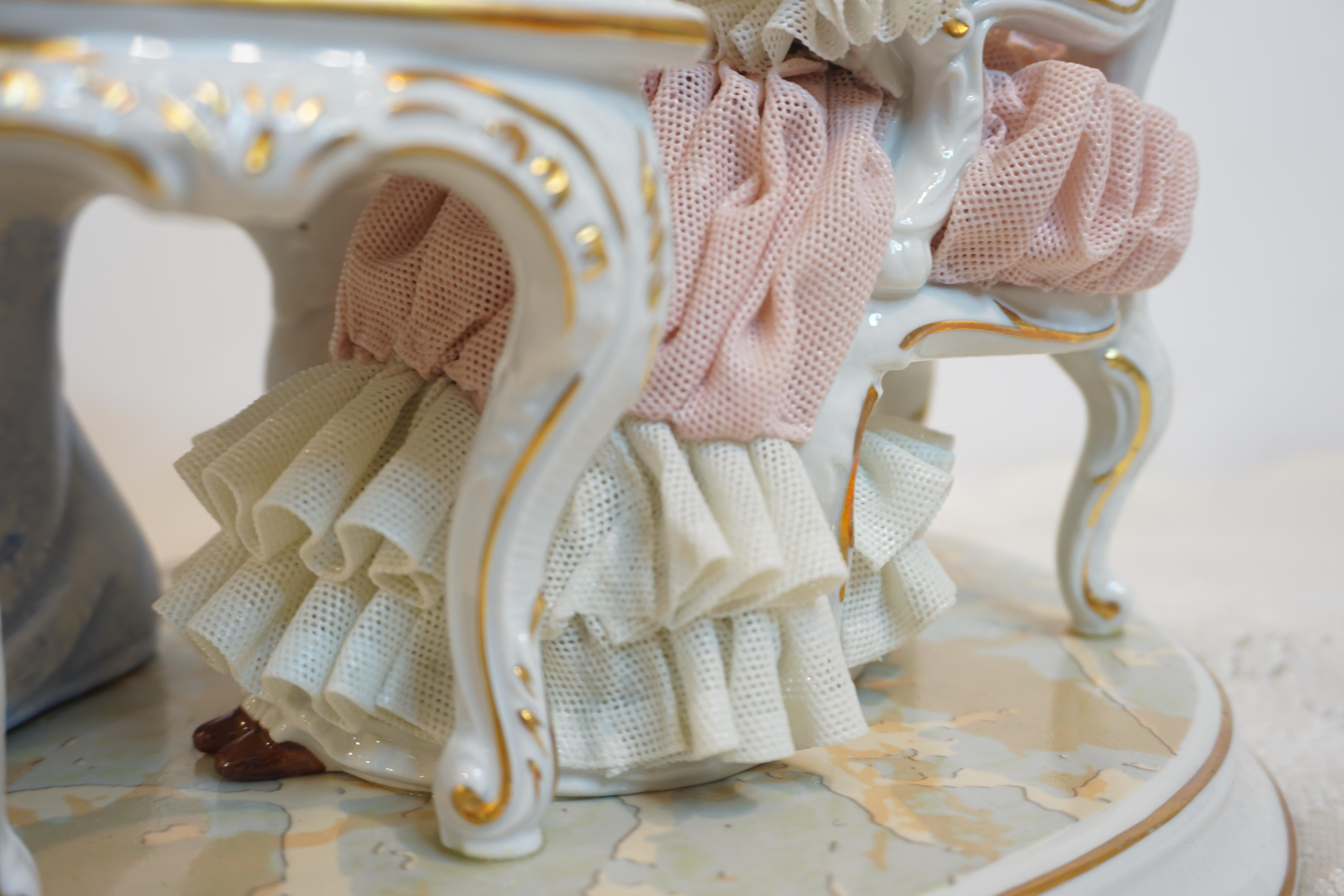 Crinoline Lace Helena Wolfson Dresden Figurine Playing Piano by Candlelight For Sale 1