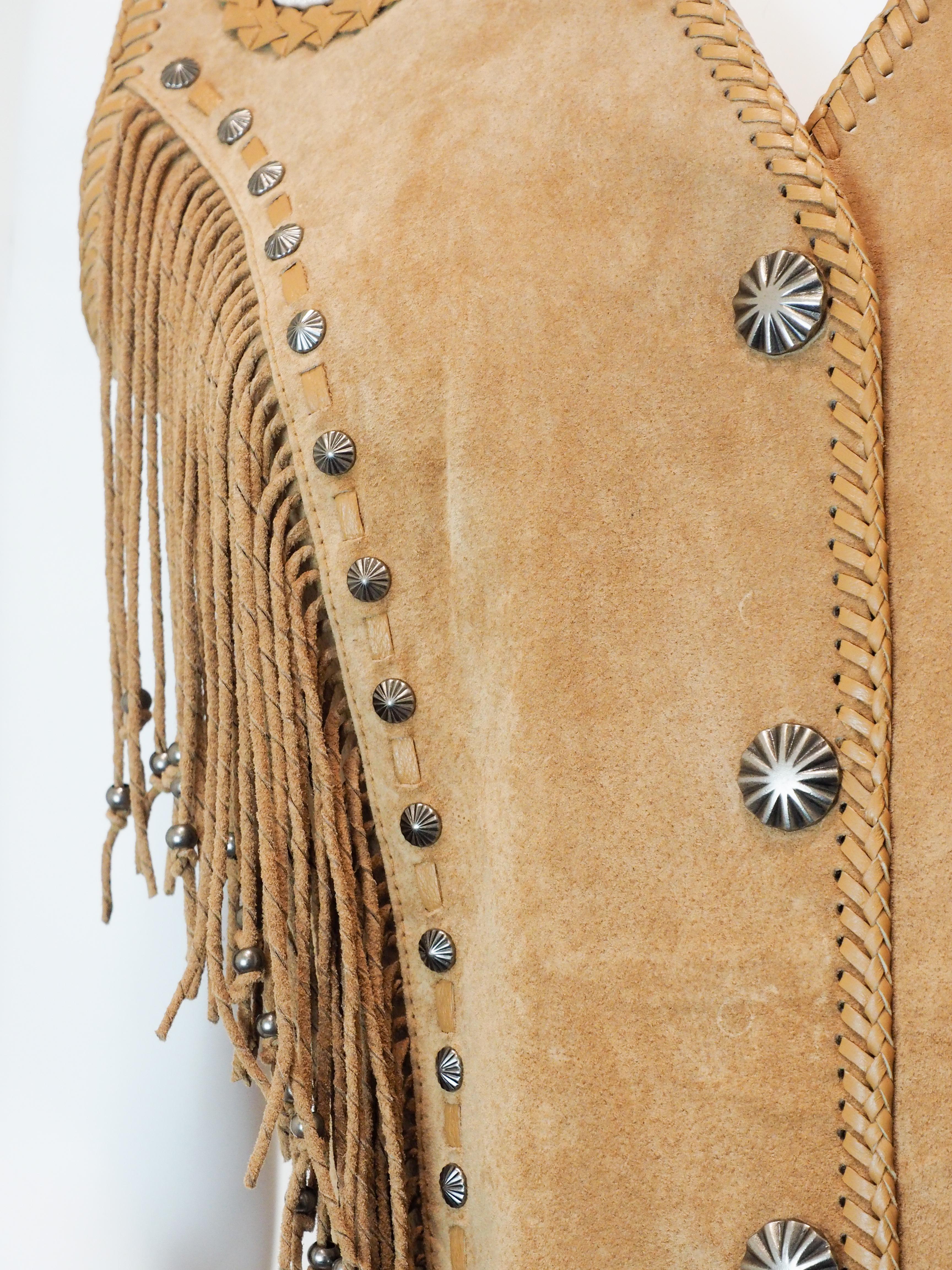 Marrone Gilet con frange in pelle di Cripple Creek Tan con hardware d'argento in vendita