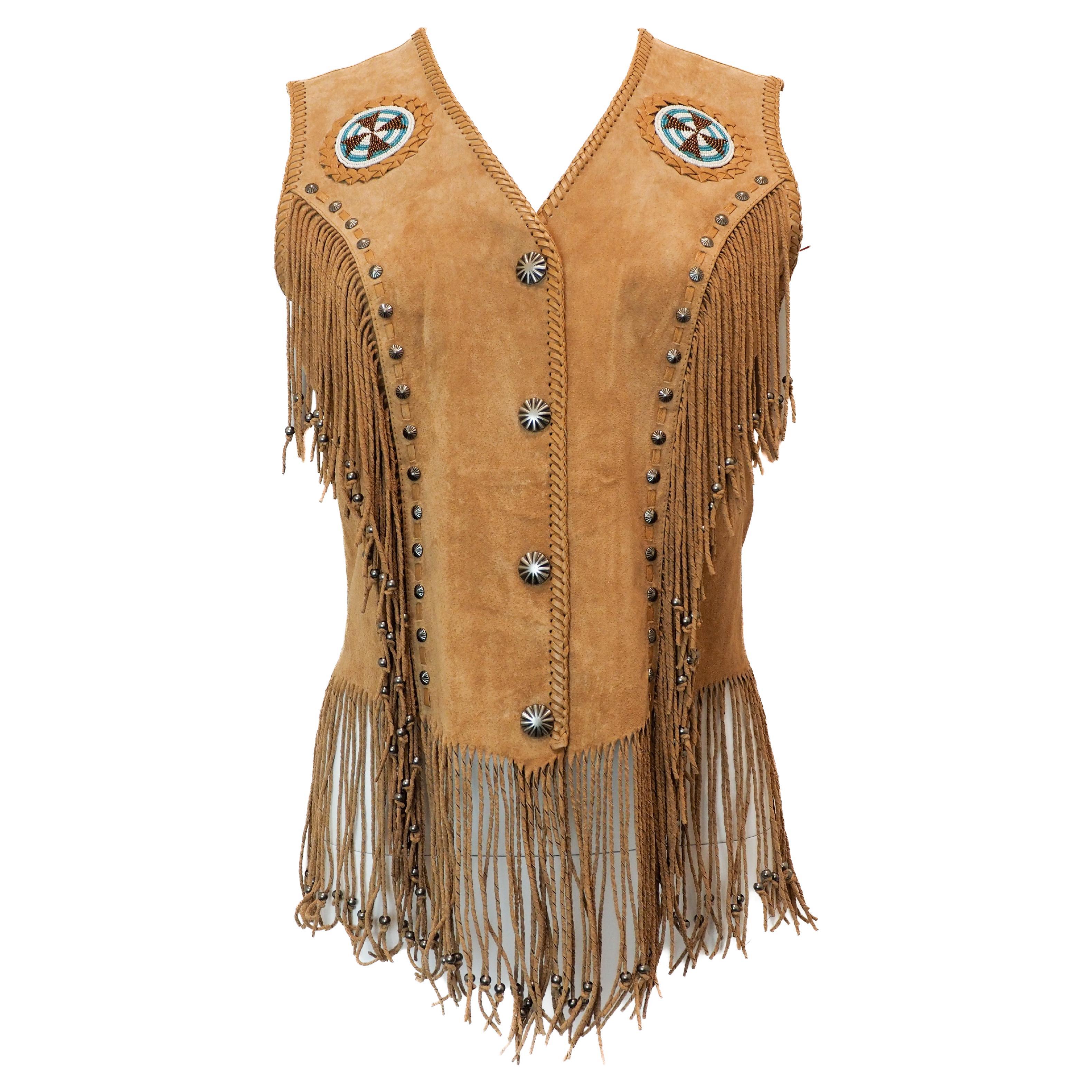 Gilet con frange in pelle di Cripple Creek Tan con hardware d
argento