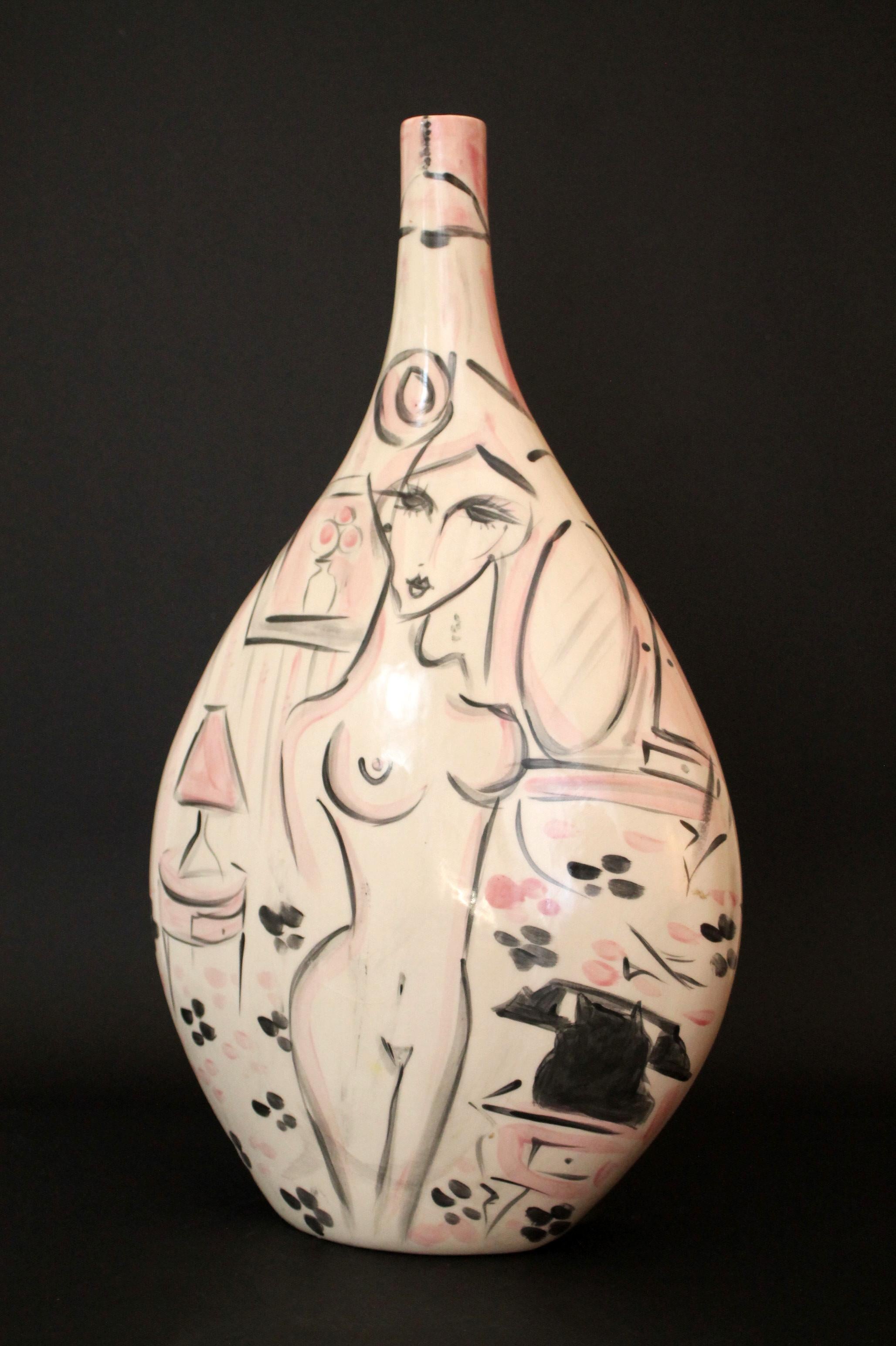 Mittelgroße, wunderschöne Keramikvase des brasilianischen Keramikers Cris CONDE

Entworfen von CRIS CONDE
Hersteller: Handgefertigt + handbemalt durch den Künstler (Eigenes Studio)
Technik: Doppelseitiges Stück (2 verschiedene künstlerische Layouts)