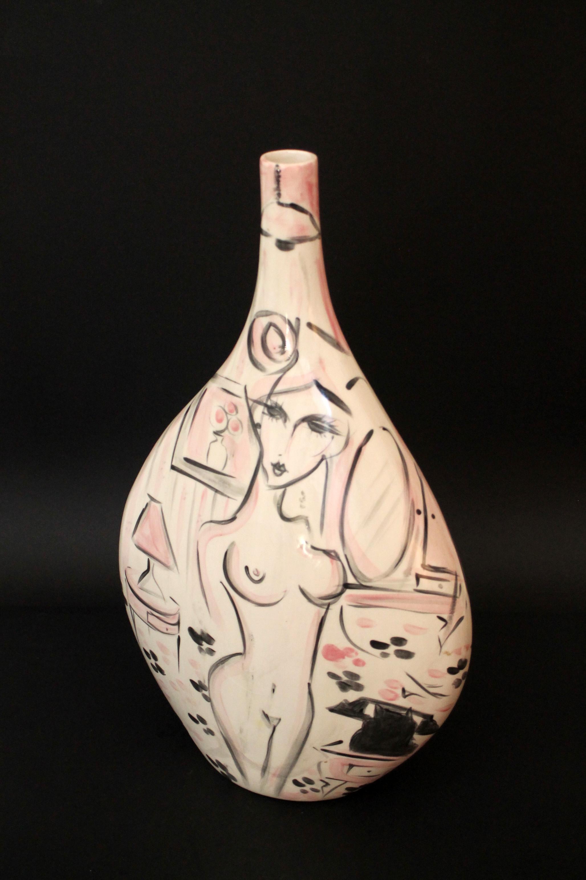 Brazilian Cris CONDE  One off Majolica ceramic vase (45x27x21cm) Dated and signed For Sale