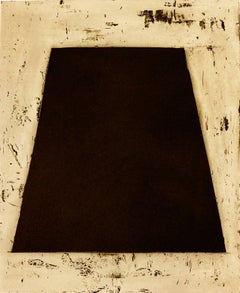 "Mastaba", abstract modern geometric etching, aquatint print, black, raw umber.
