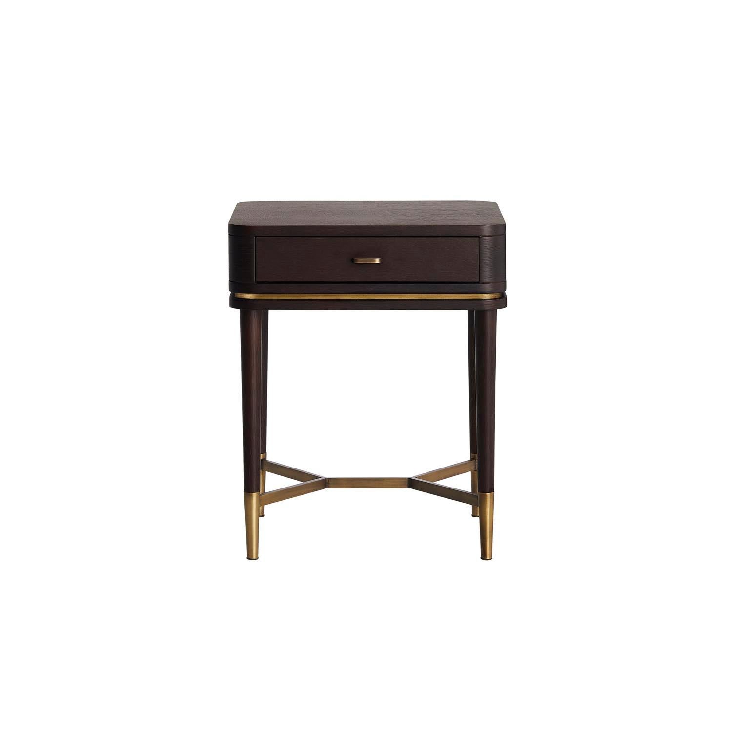This classic style bedside table is a must have in every contemporary bedroom ambience.

Primary image: shown in matte oak veneer structure, combined with antique brass feet and handle.
