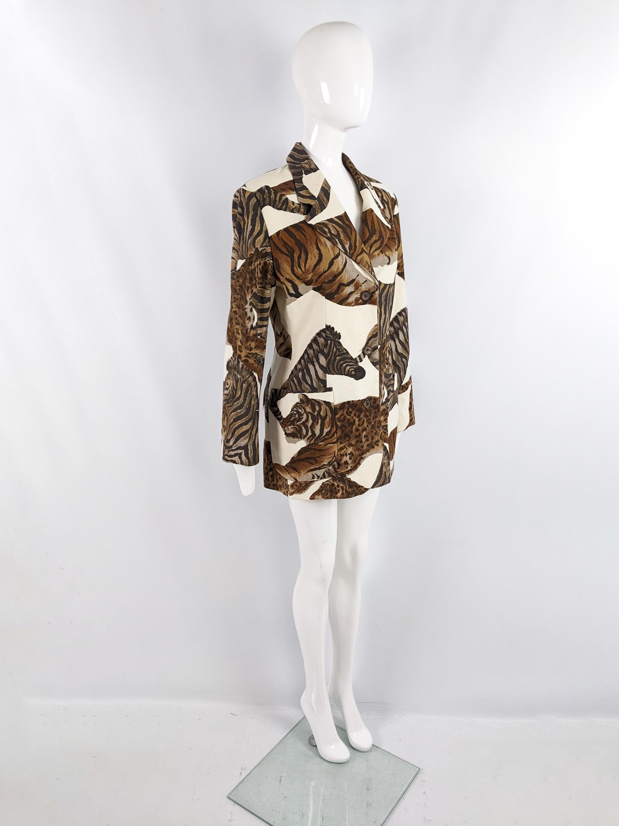 Black Crisca by Escada Vintage White Animal Print Shoulder Pads Womens Blazer Jacket For Sale