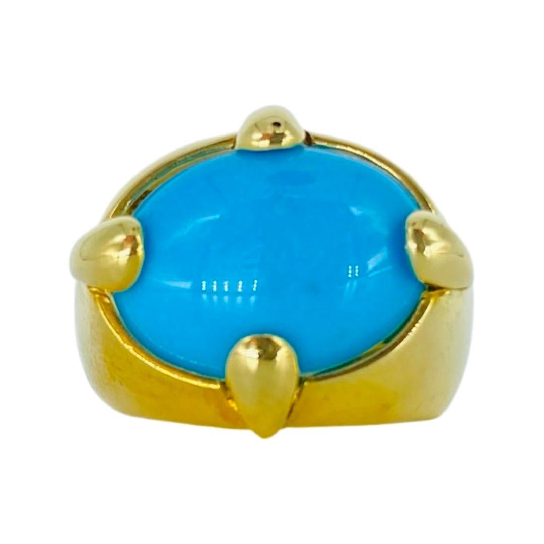 Criso Large Turquoise Dome Ring 18k Gold.
The gemstone measures 12.5mm X 16.5mm.
The ring is a size 6 and weights 10.7 grams.