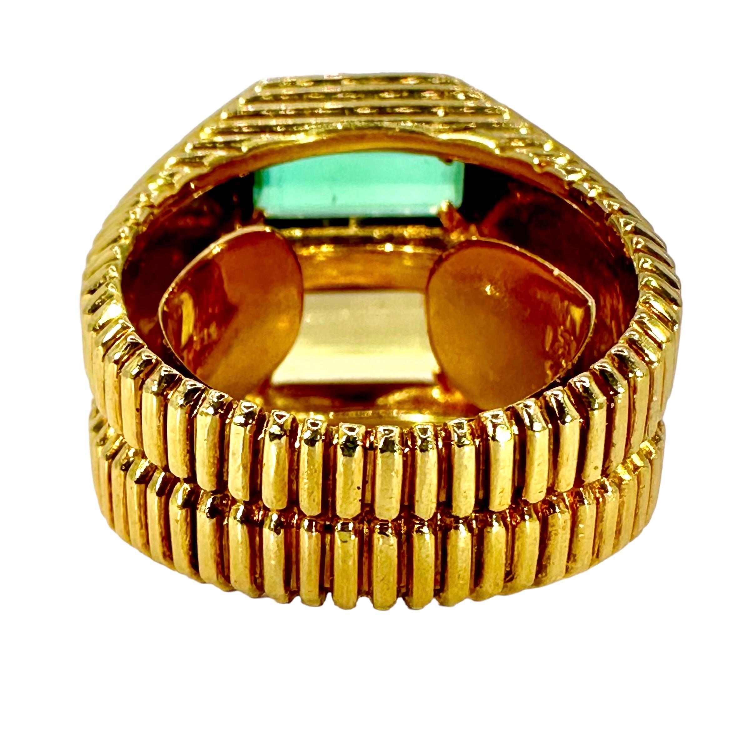 Emerald Cut Crisp 18K Yellow Gold Fluted and Stacked Green & Golden Tourmaline Ring For Sale