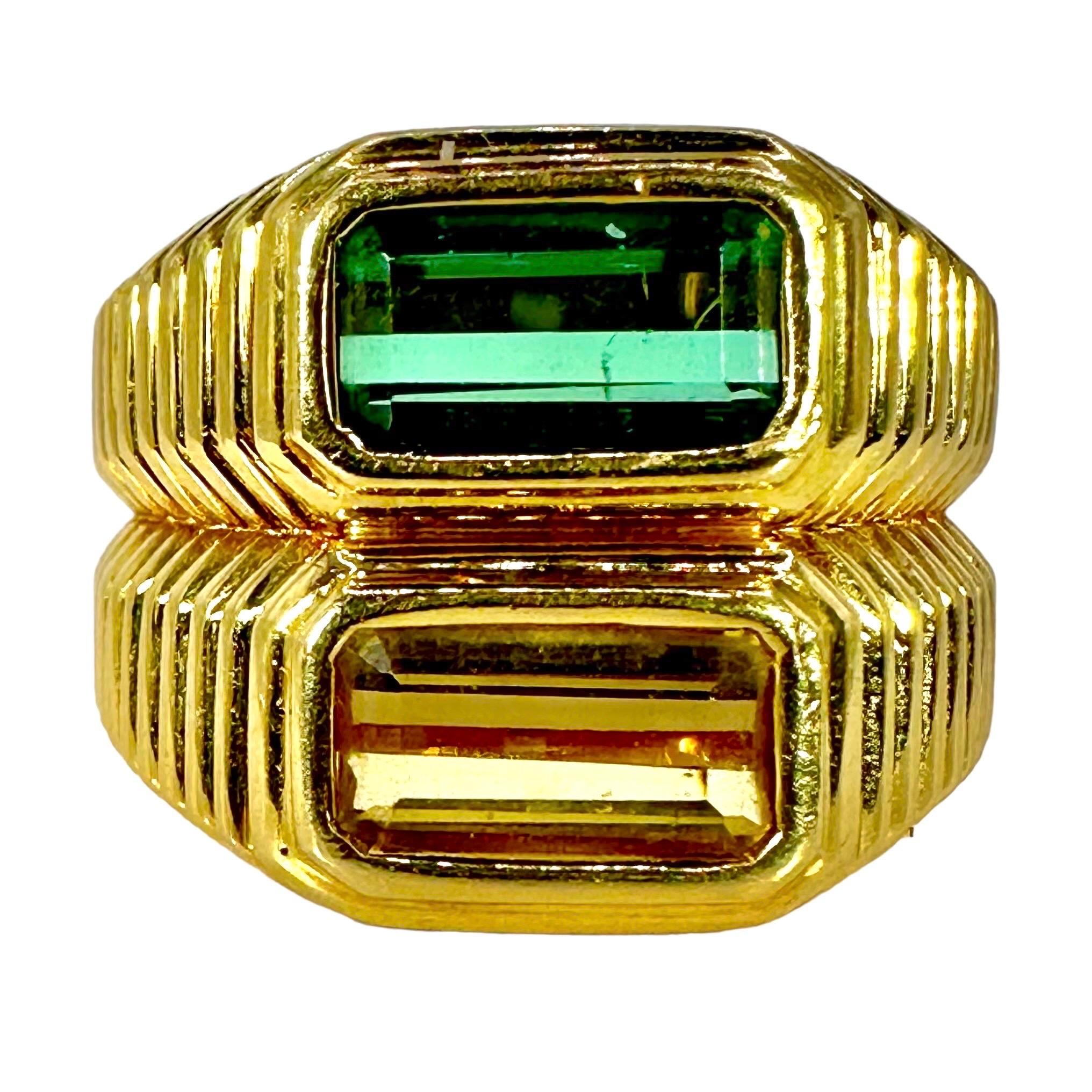 Crisp 18K Yellow Gold Fluted and Stacked Green & Golden Tourmaline Ring For Sale