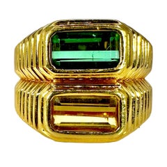 Crisp 18K Yellow Gold Fluted and Stacked Green & Golden Tourmaline Ring