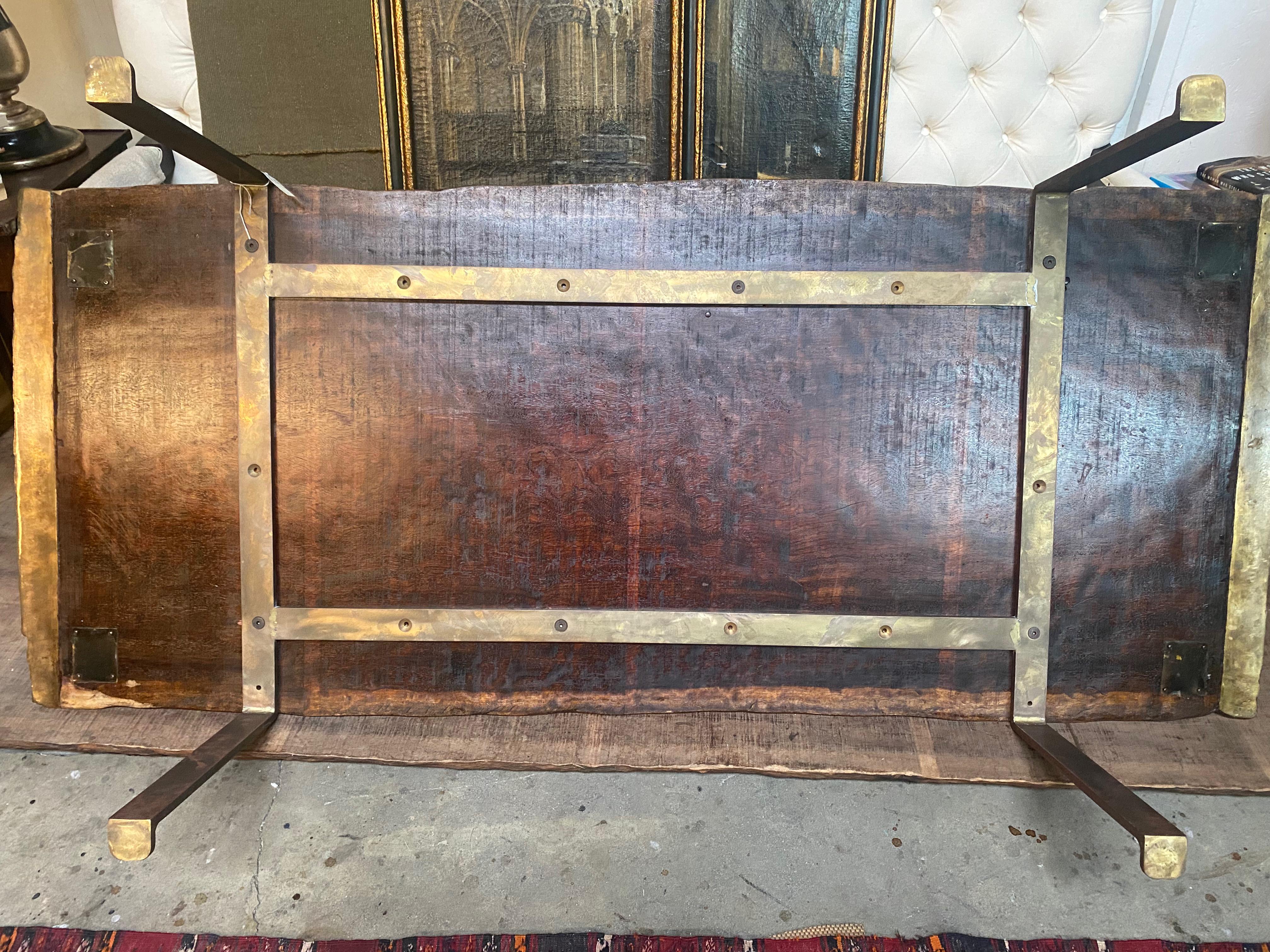 American Crisp Coffee Table with Brass Legs and Live Edge Slab with Bronze Moldings For Sale