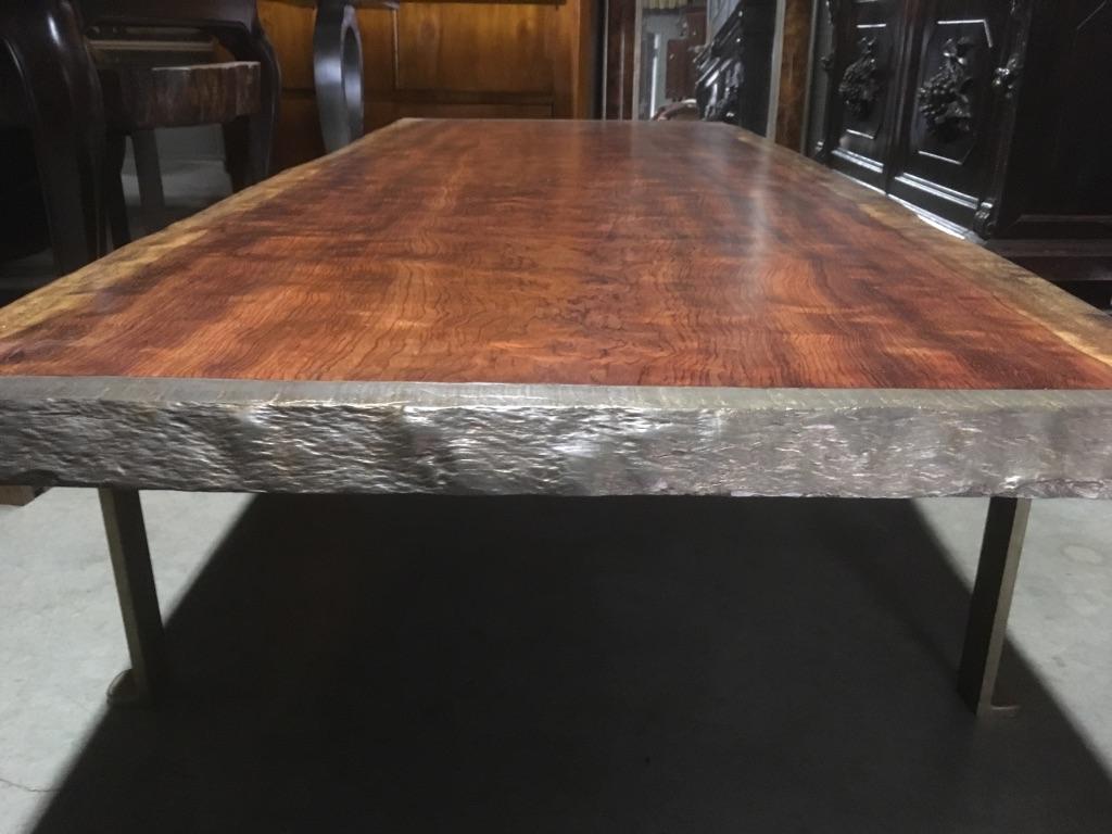 Crisp Coffee Table with Brass Legs and Live Edge Slab with Bronze Moldings In Excellent Condition For Sale In Los Angeles, CA
