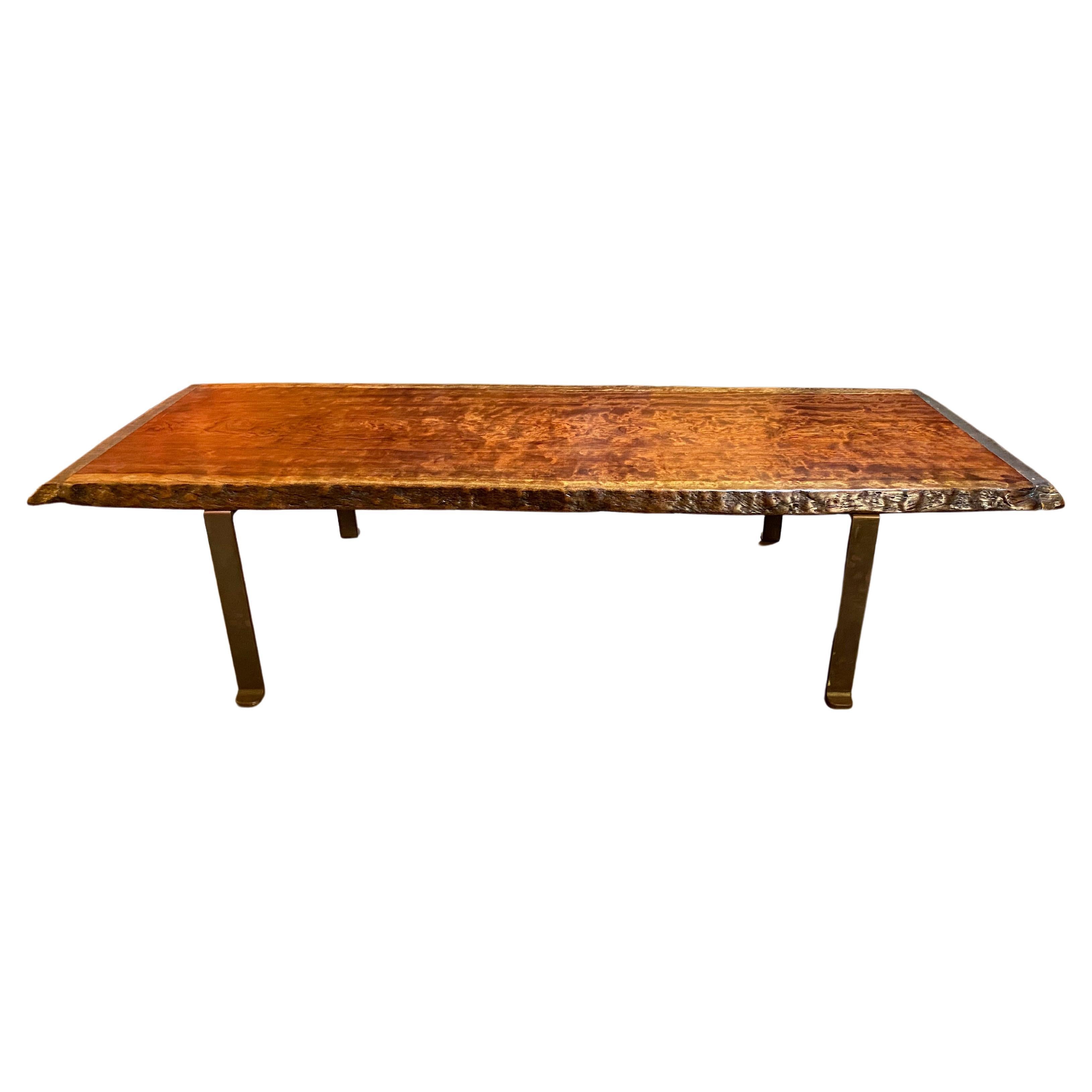 Crisp Coffee Table with Brass Legs and Live Edge Slab with Bronze Moldings For Sale