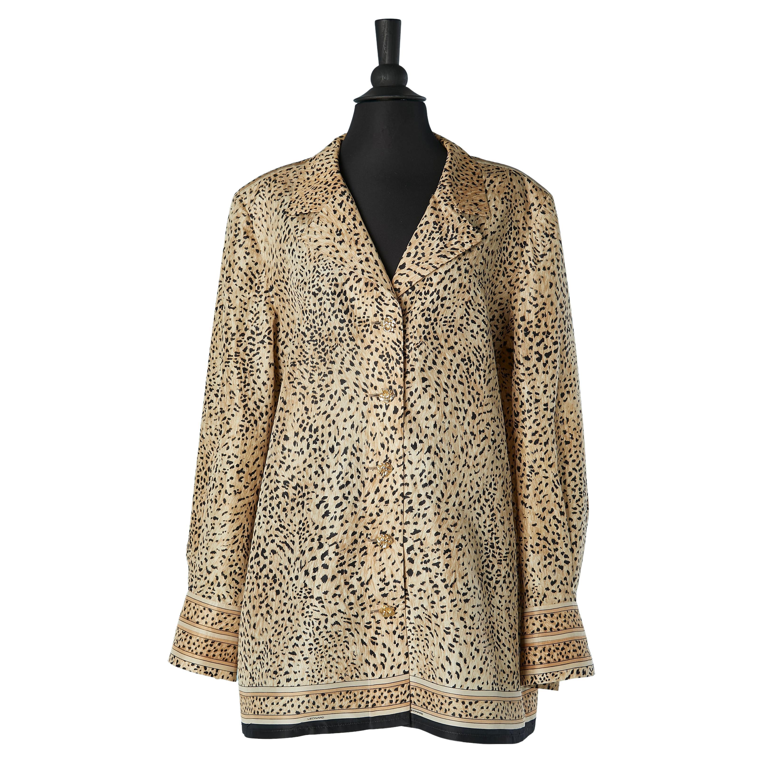 Crisp silk leopard printed chemise with gold metal flower button Leonard Fashion For Sale