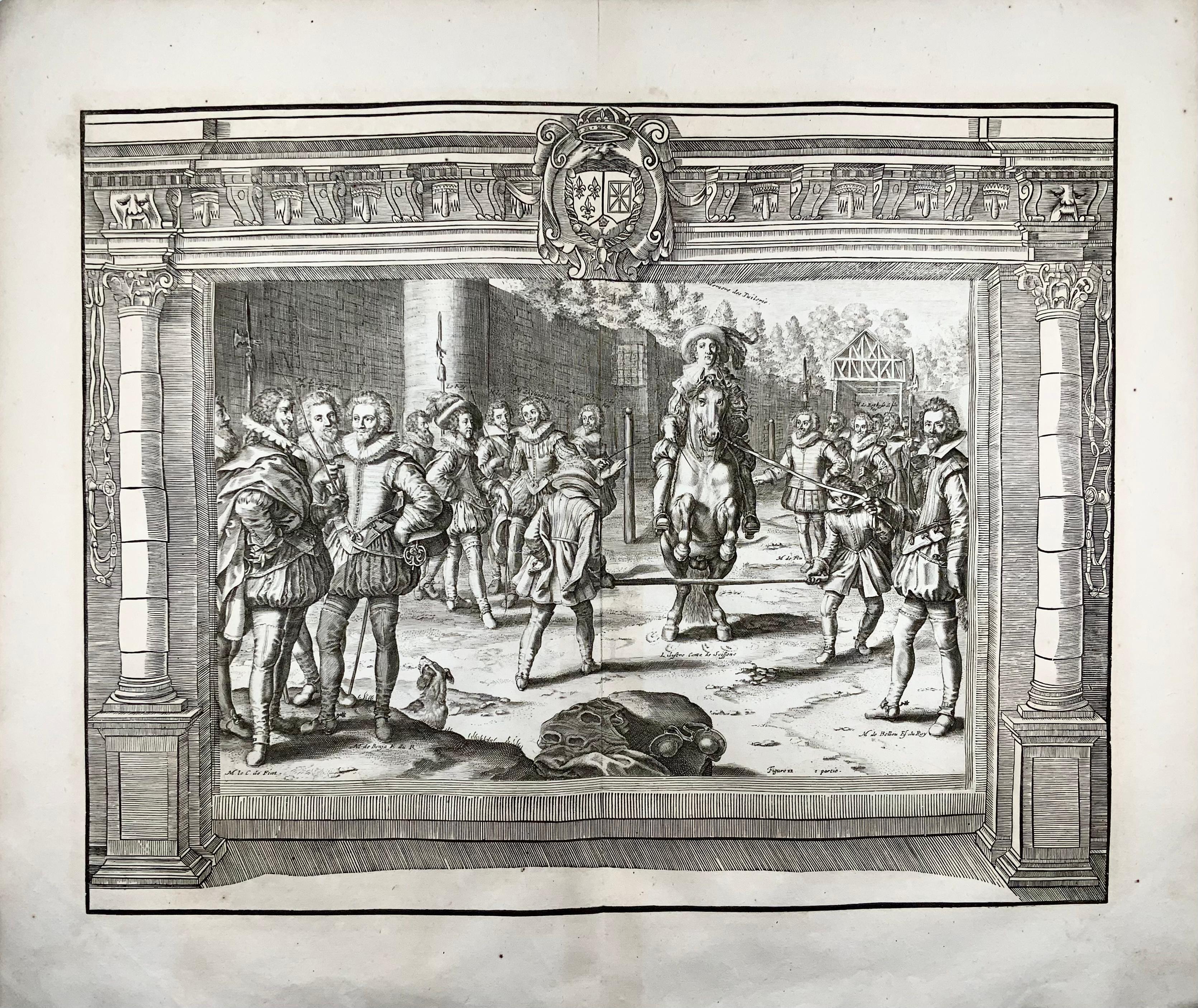 Sought after plate from the very decorative 1668 edition of Pluvinal's L'instruction du roy, en l'exercice de monter à cheval, Amsterdam 1668.

Engraved by Crispijn de Passe II from one of the classic works of the 17th century on dressage, riding,