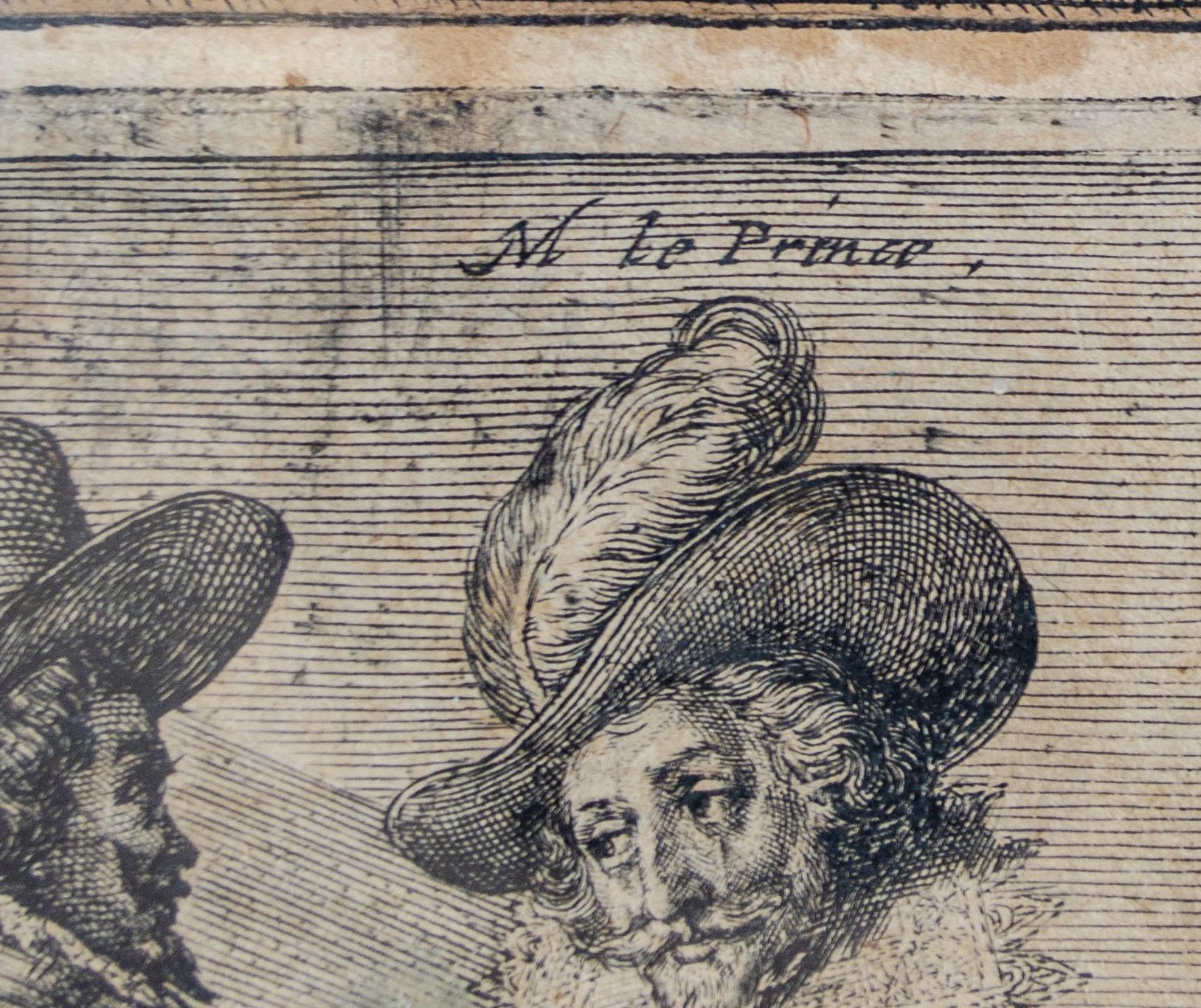 Crispin van de Passe der Jüngere (ca. 1594-1670)
Ohne Titel (Französische Adlige zu Pferd), um 1620-1660
Gravur
Ansicht: 11 3/4 x 15 3/4 Zoll.
Gerahmt: 18 3/4 x 22 5/8 Zoll.

In die Platte eingeschrieben: Le Prince

Beachten Sie, dass der weiße