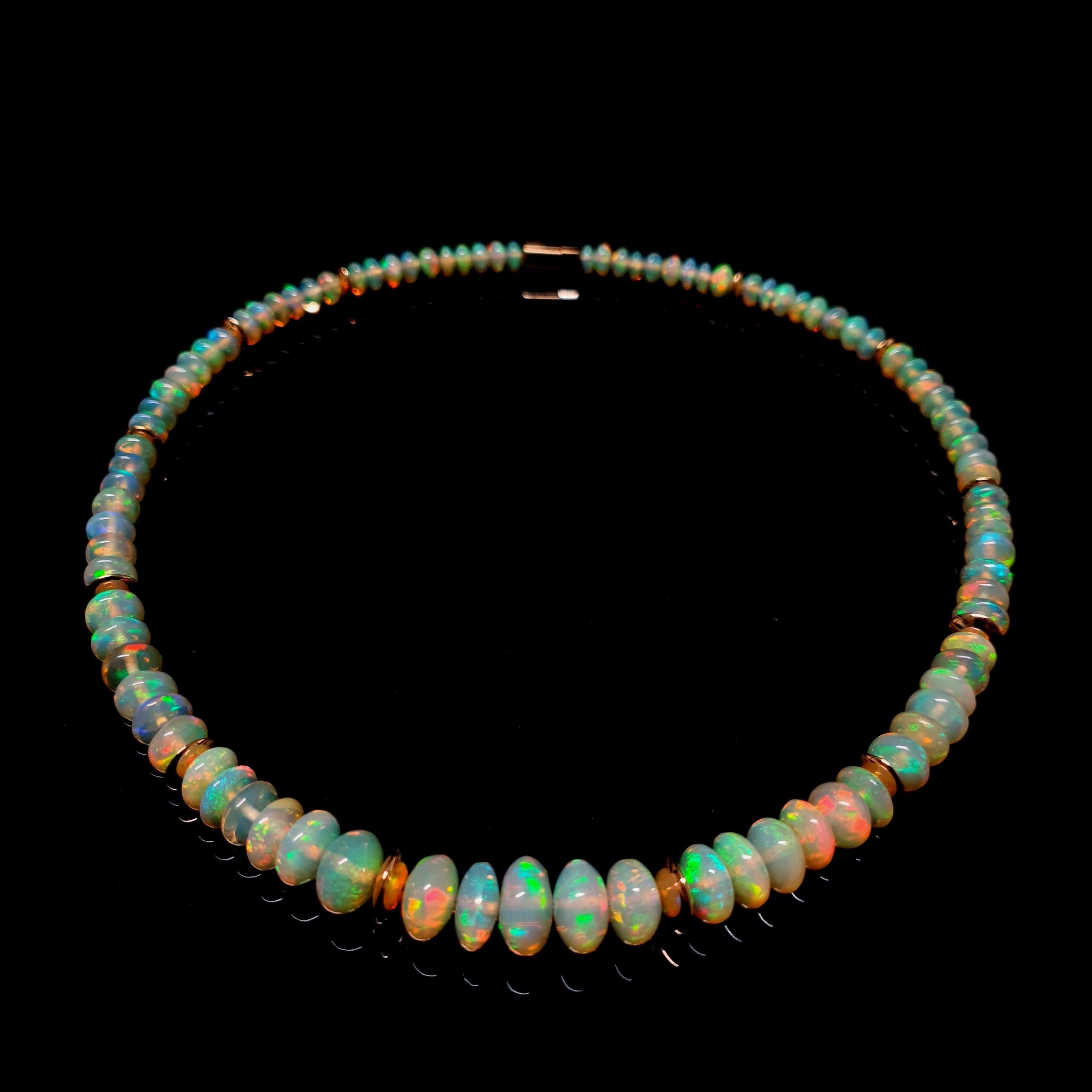 Crispy Sparkling Opal Rondel Beaded Necklace with 18 Carat Rose Gold, Greenish For Sale 4