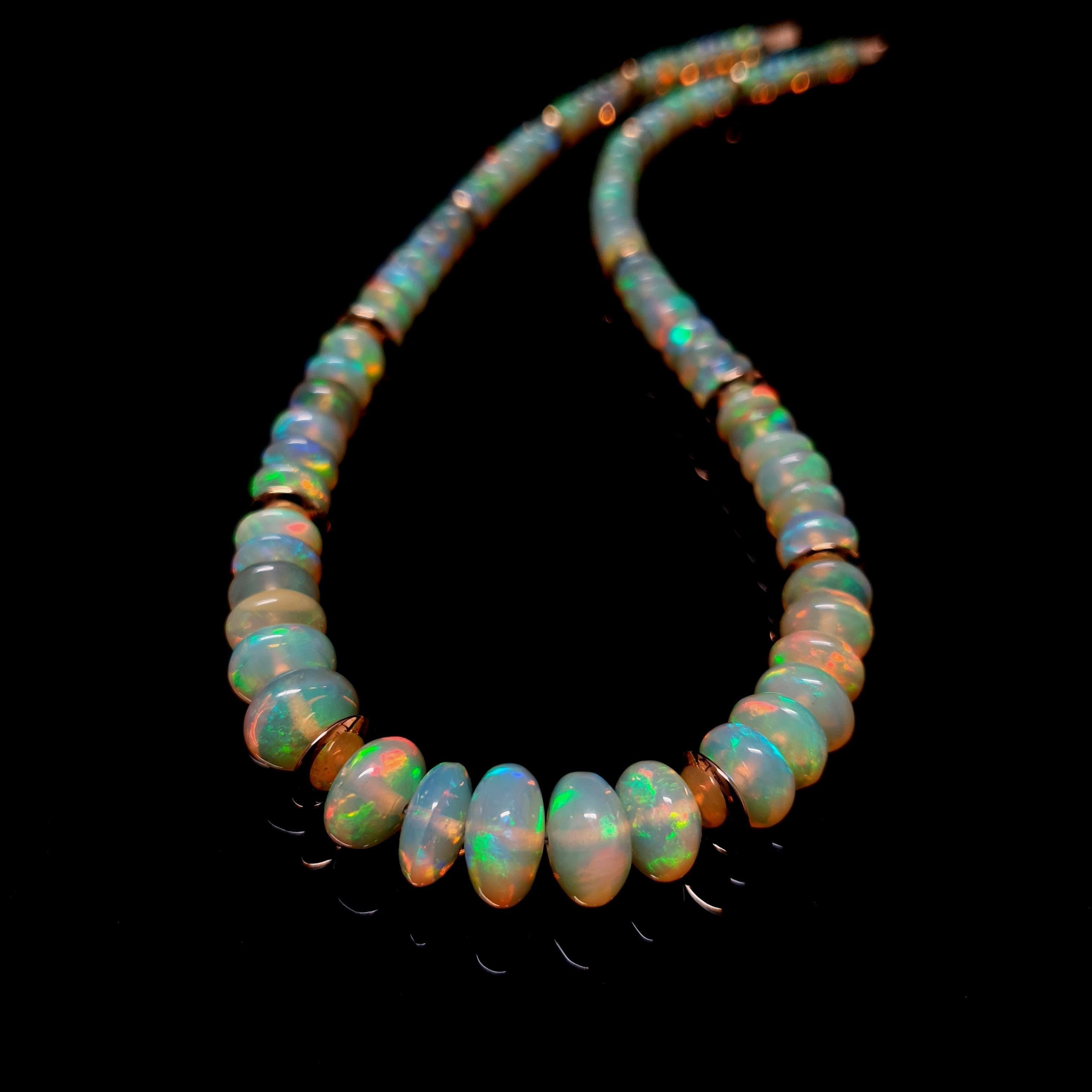 Crispy Sparkling Opal Rondel Beaded Necklace with 18 Carat Rose Gold, Greenish For Sale 1
