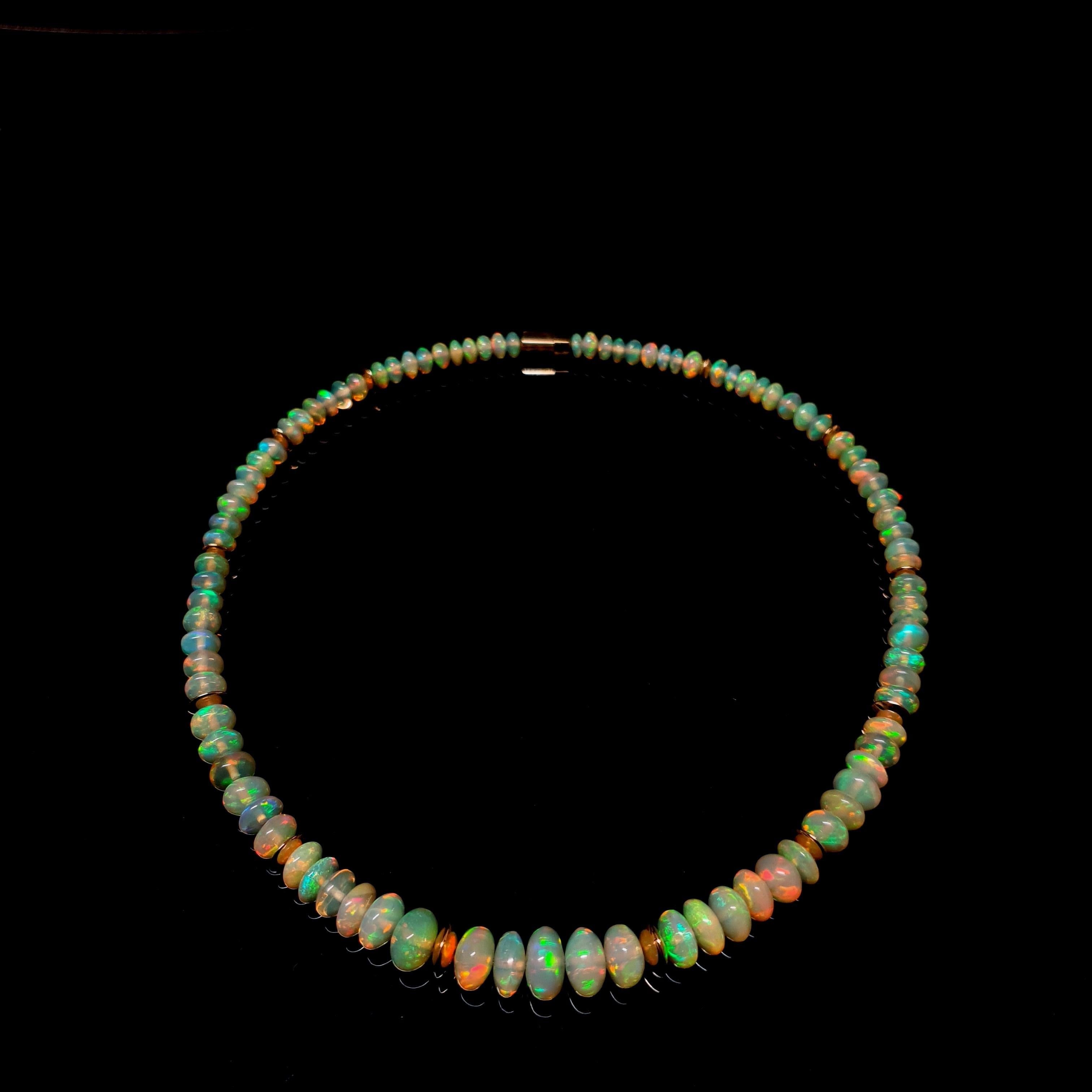 Crispy Sparkling Opal Rondel Beaded Necklace with 18 Carat Rose Gold, Greenish For Sale 2