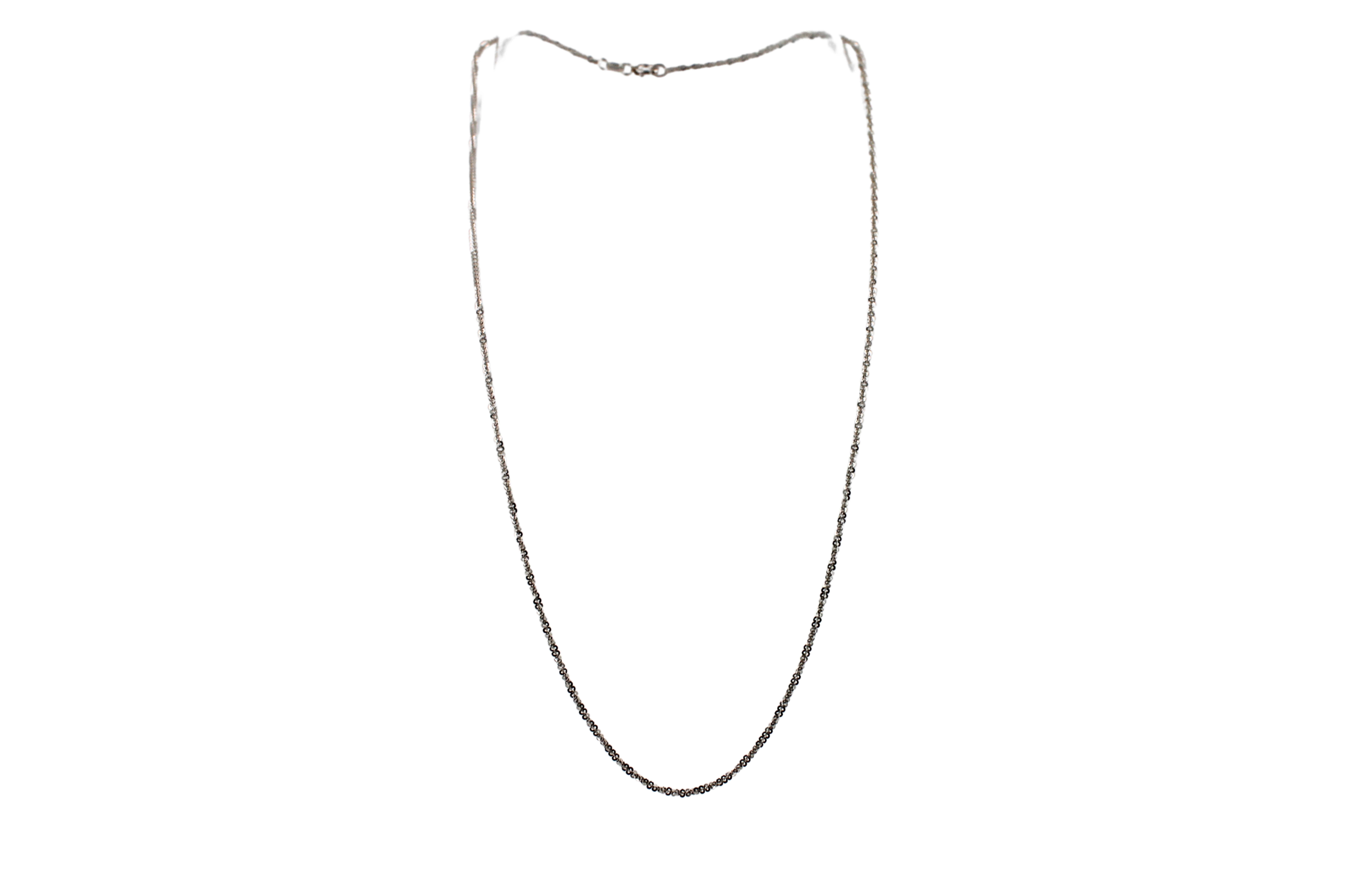 Criss Cross CrissCross Fancy Thin Dainty Link 925 Sterling Silver Chain Necklace
•	1.90 Grams
•	16 Inches
•	1 mm width
•	White Rhodium Plate Finish
