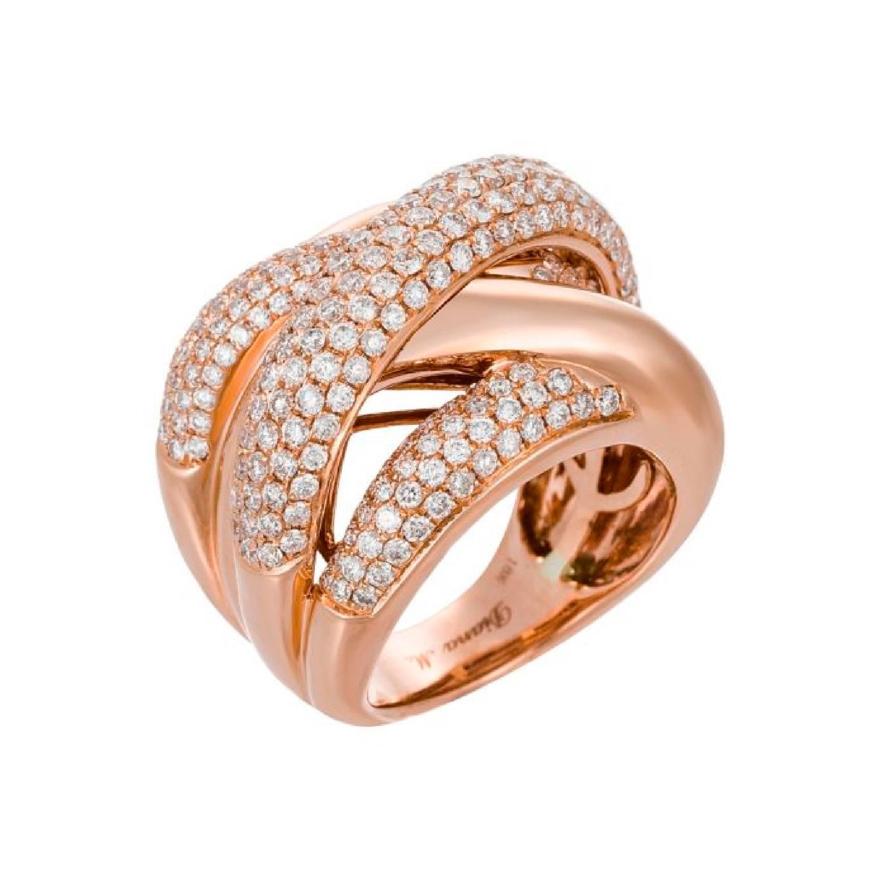 18K Rose gold multi-band ring
Crossover multi-band ring with round diamonds throughout
Can be resized to any finger size 

Diamond specifications:
3.00 Carats of diamonds
F/G color, SI clarity 

This product comes with a certificate of