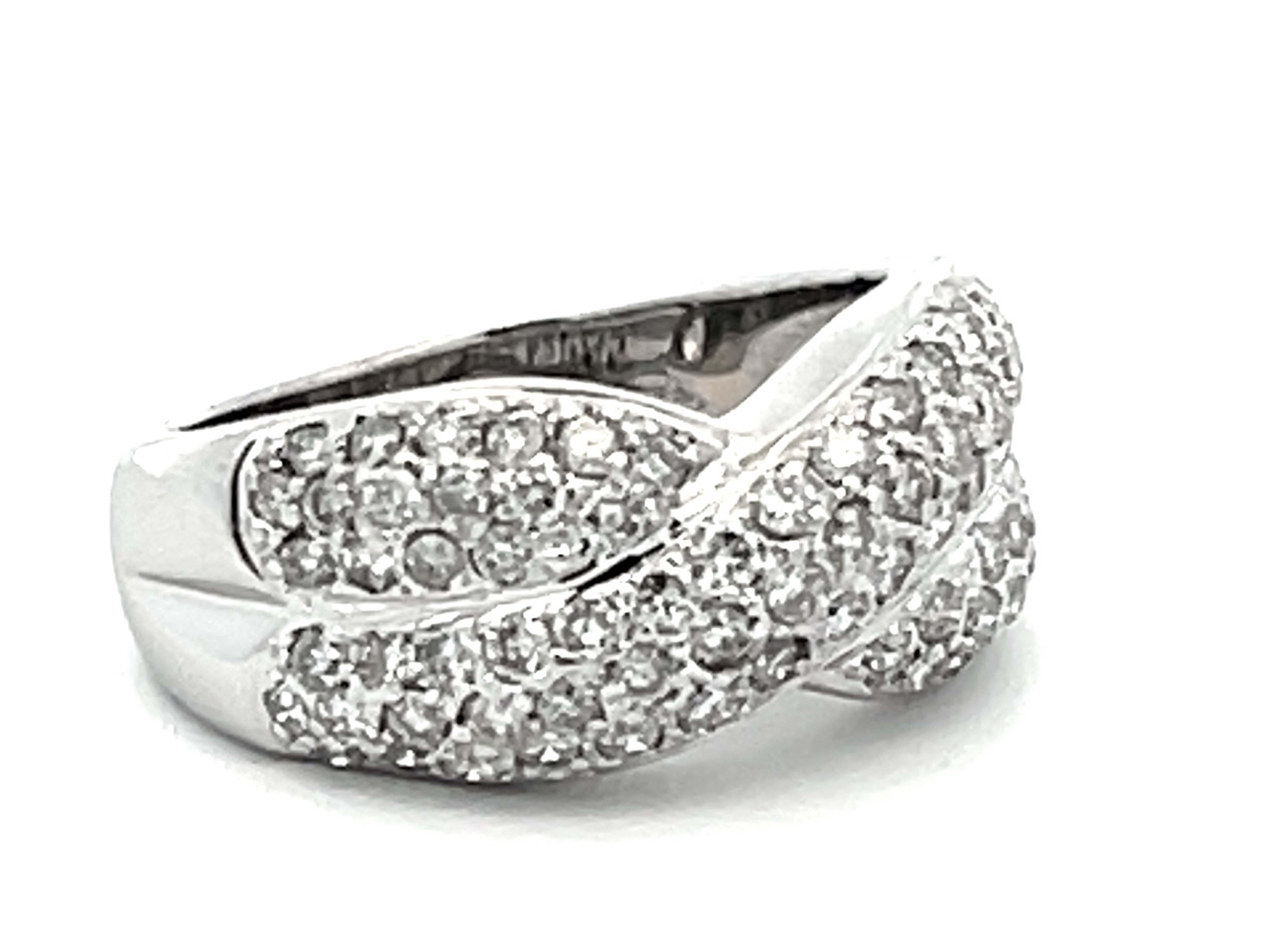 Brilliant Cut Criss Cross Diamond Pave Ring in 18k White Gold For Sale