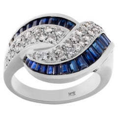 Criss-Cross Sapphire & Diamond Ring in 14k White Gold, Approx 1 Carat Tapered Em