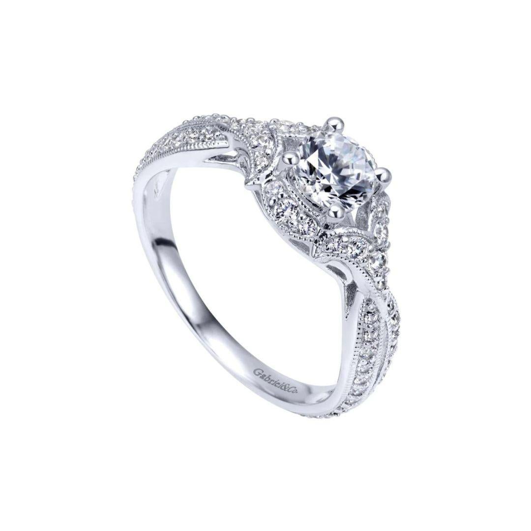 Round Cut Criss Crossed White Gold Diamond Engagement Ring For Sale