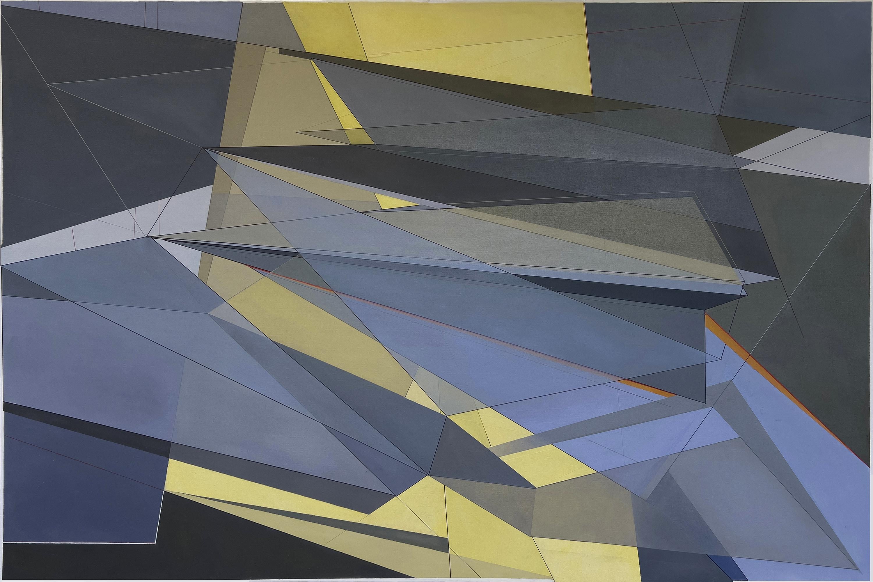 'Ergo' - dipinto astratto geometrico, blu, architettonico - Painting di Criss Mills